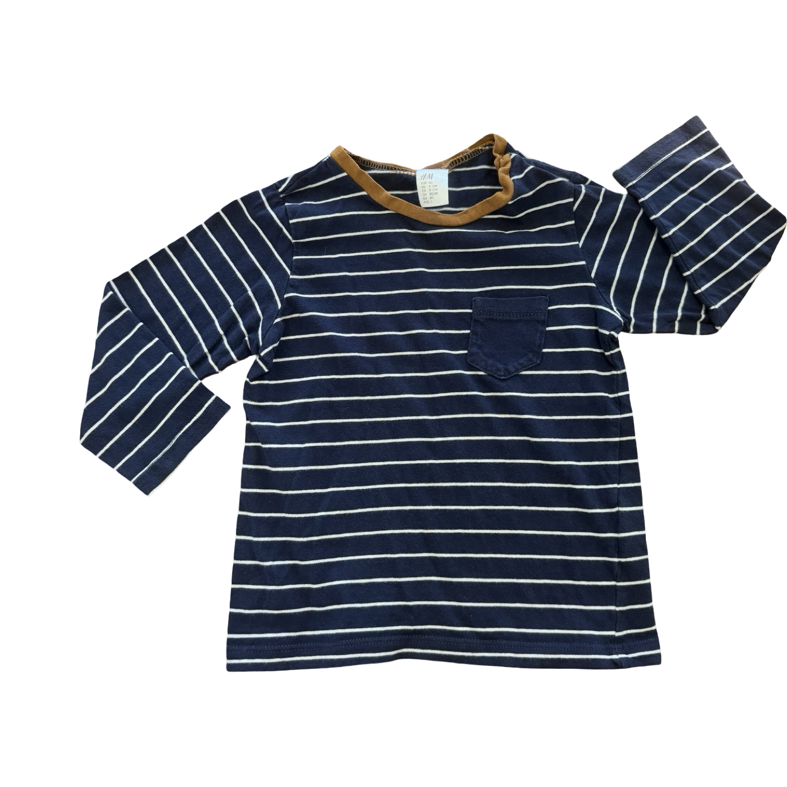 9-12M Navy & White Stripe Long Sleeve T-Shirt with Brown Neck Trim - H & M