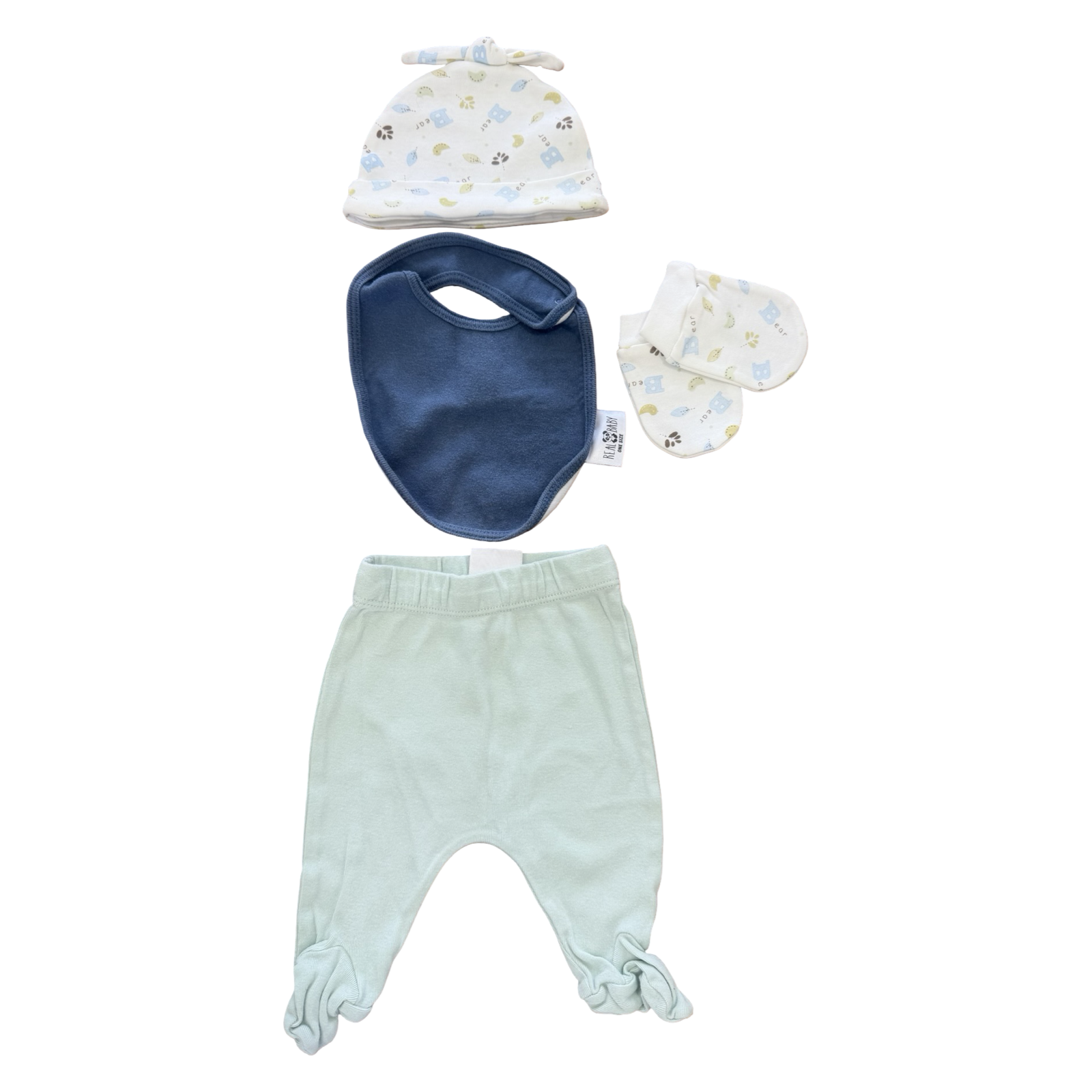 Newborn 4pc Green & Blue Baby Set with Leggings, Beanie, Mitts & Bib - Baby EXACT / Real Baby