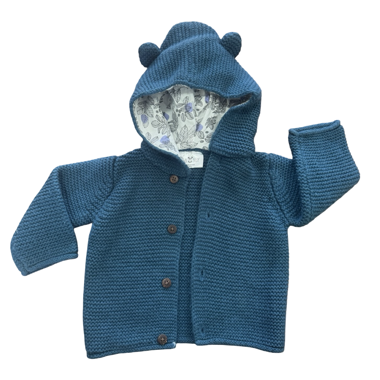 3-6M Turquoise Knitted Cardigan with Hood and Ears - Real Baby