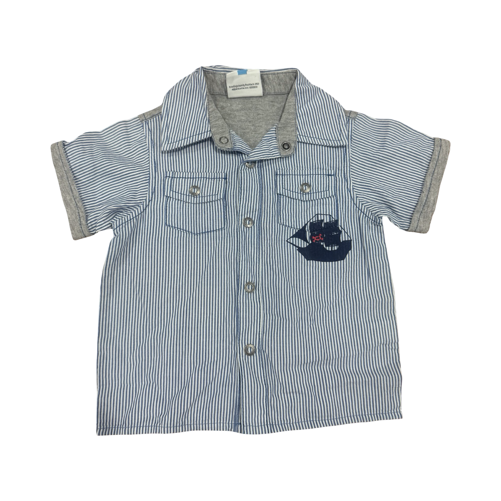 18-24M Grey & White Pin Stripe Collar & Button Shirt with Ship Detail - Topomini