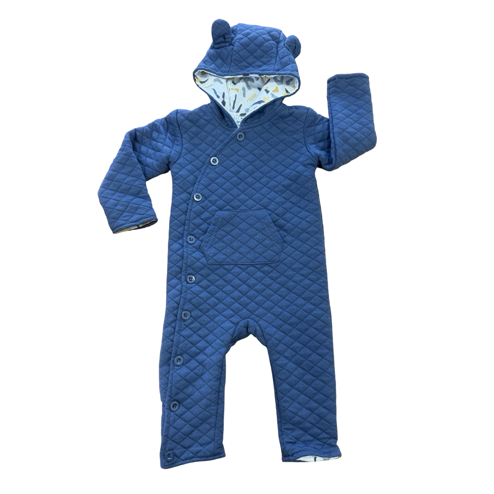 6-12M Navy Blue Quilt Style Lined Hooded Onesie - Mr Price