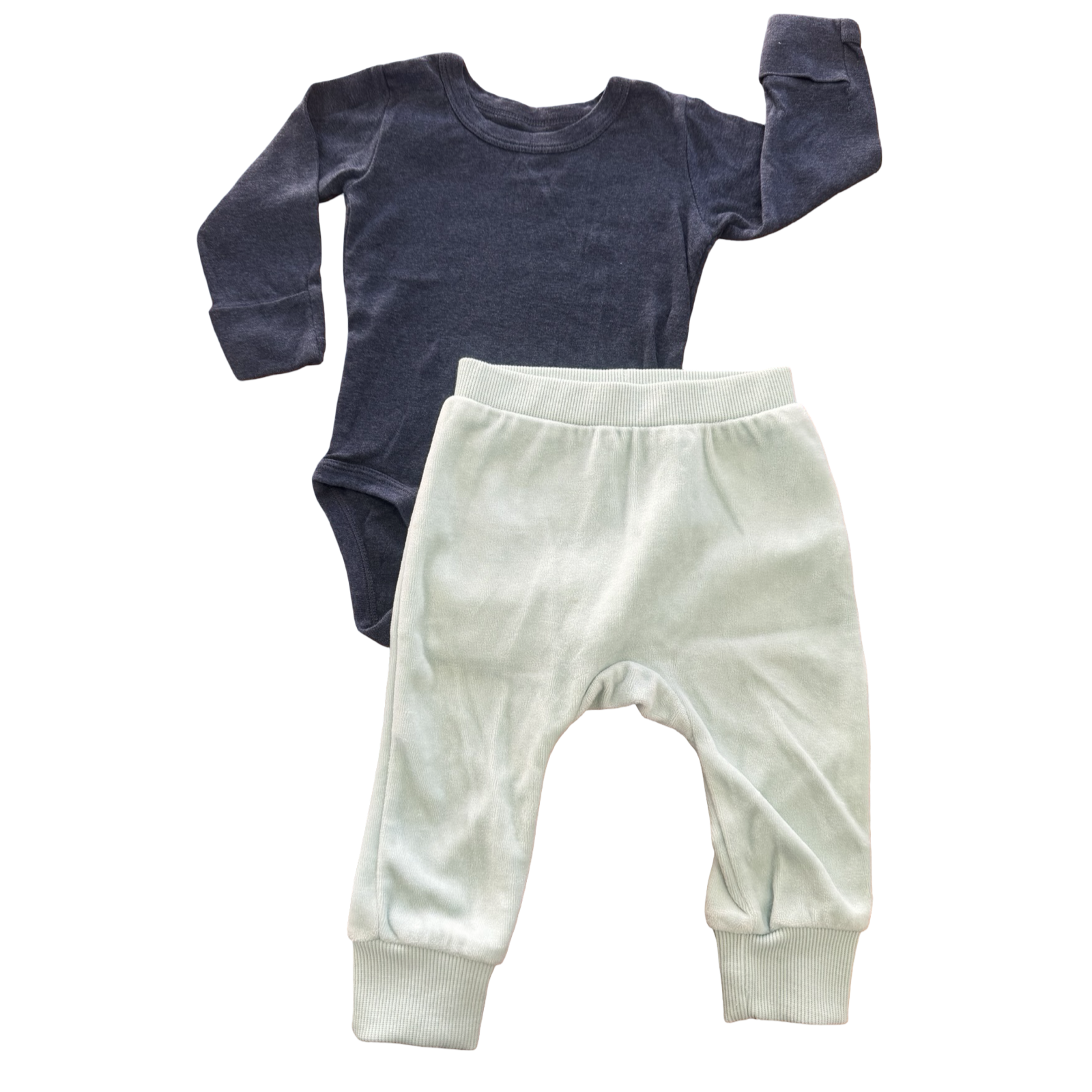 6-12M 2pc Navy Melange & Fleece Light Green Pants - Cotton on & Clicks
