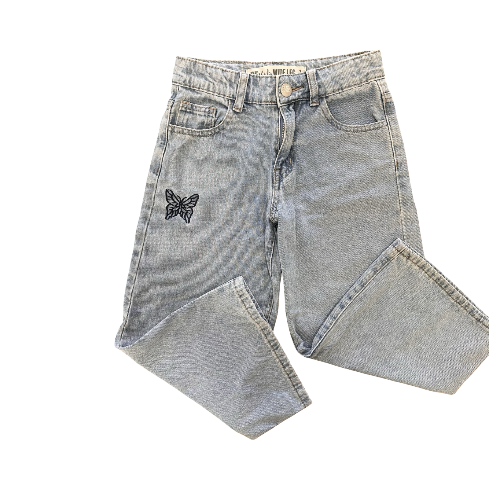 7Y Light Blue Wide Leg Denim Jean with Butterfly Embroidery - RE:Kids