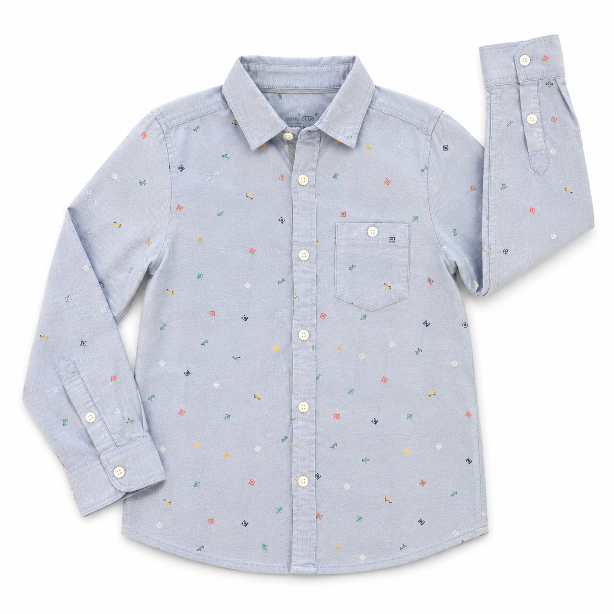 7Y Blue Cotton Collared & Buttoned Shirt with Small Icons - Woolworths