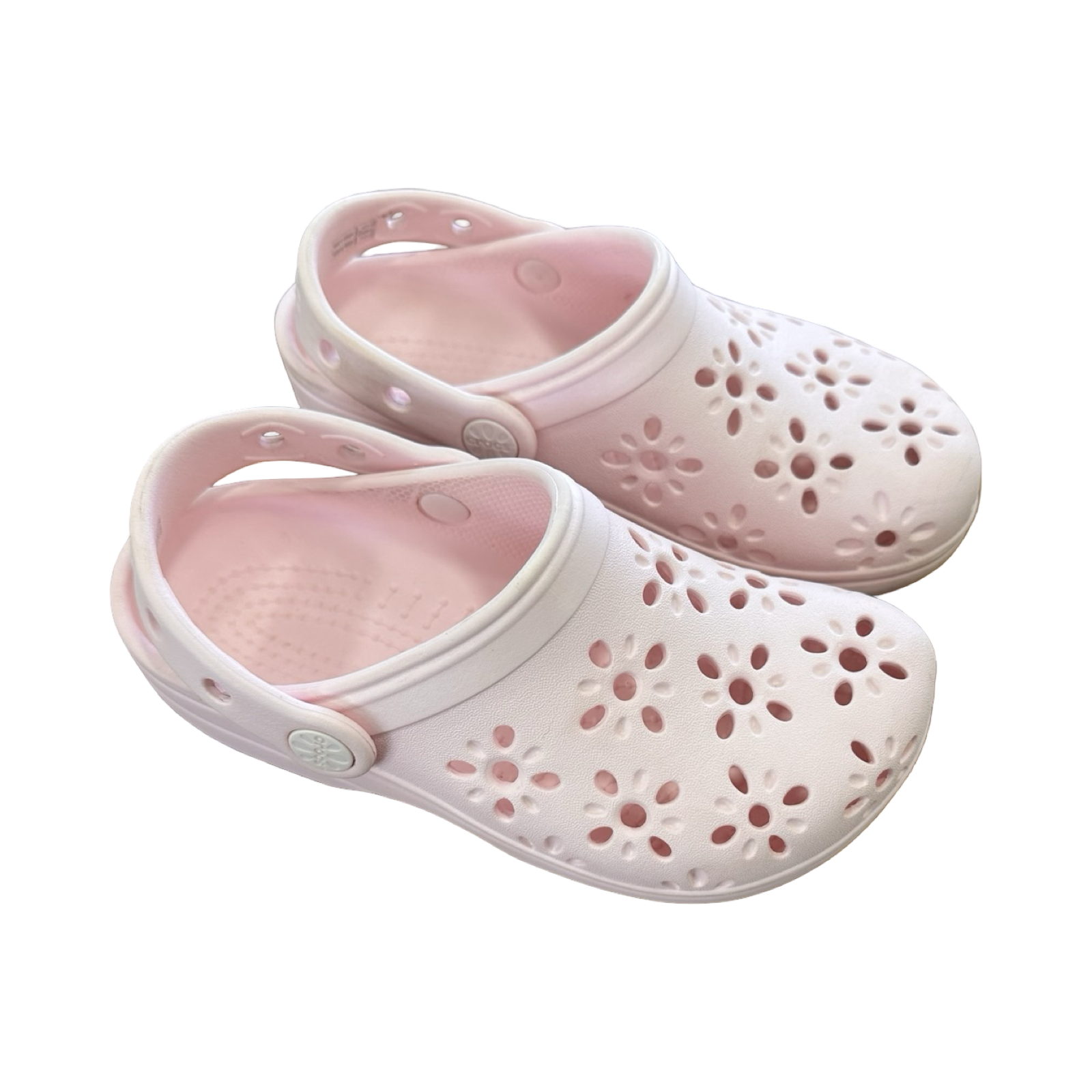 Size 13 Pink Clogs with Patterns - Crocs