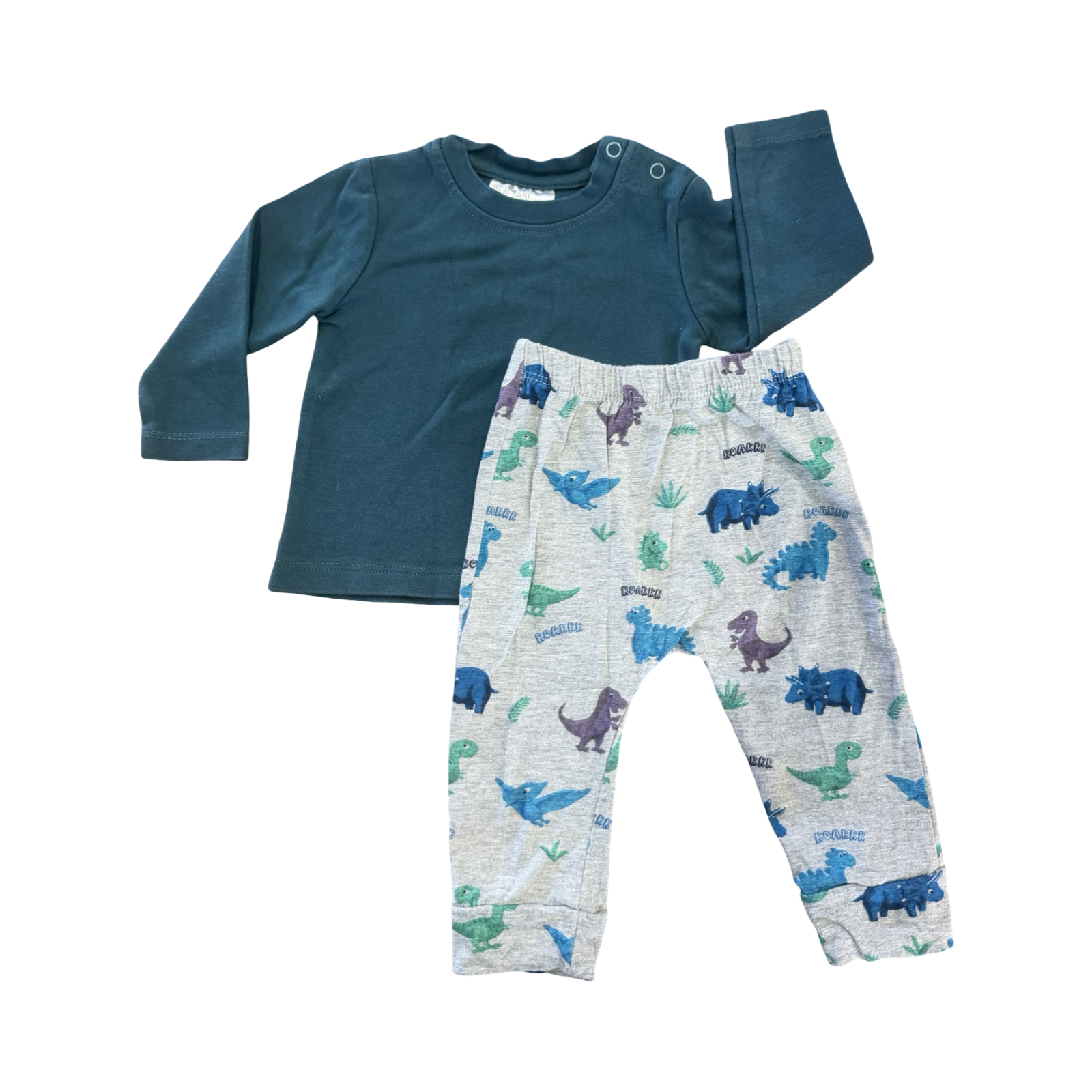 3-6M 2pc Green & Grey Dinosaur Pyjama Set - Real Baby / Tiny Tots
