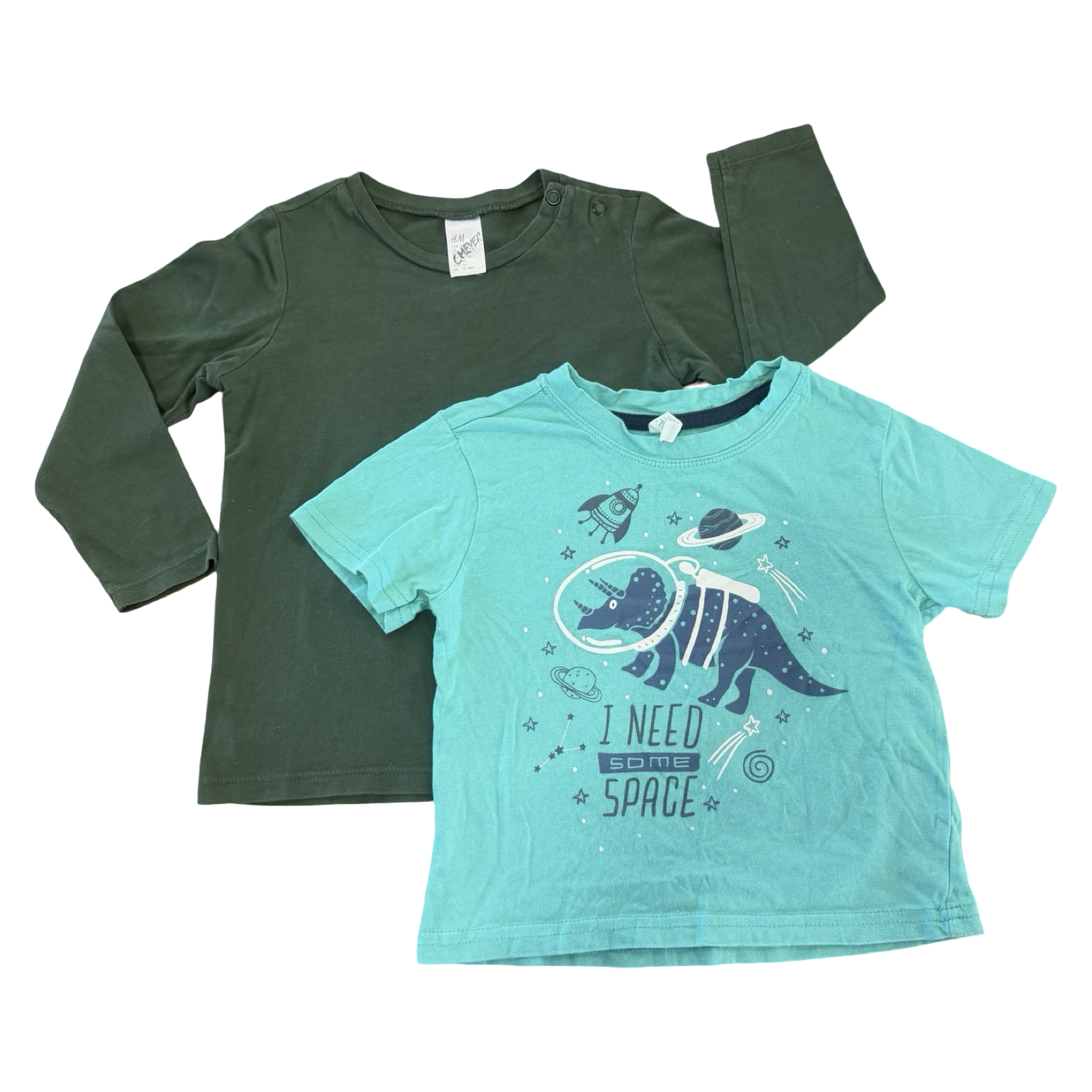 1-2Y 2pc Green & Aqua Space Dino T-Shirts - H & M / Real kids