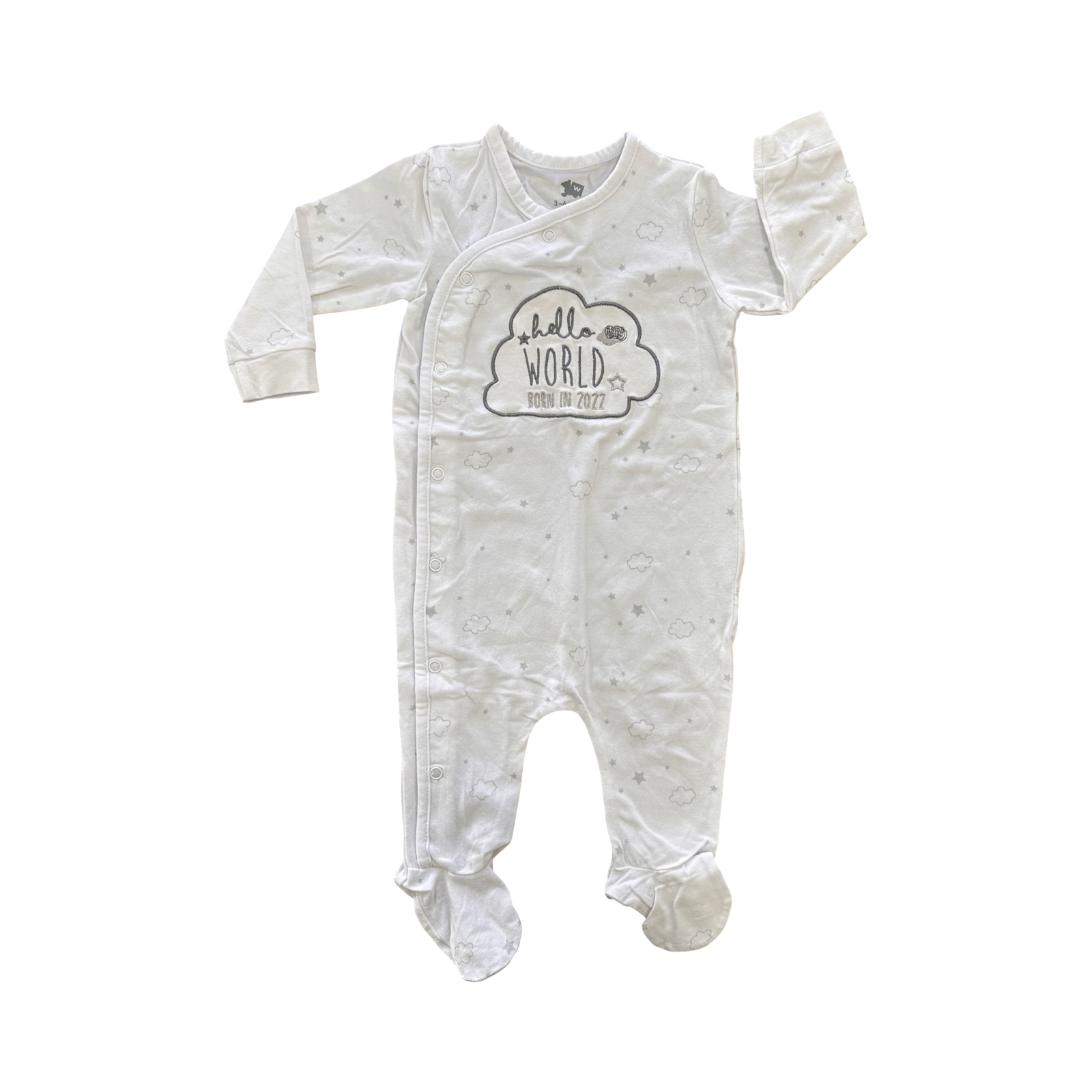 3-6M White "Hello World" Long Sleeve Snapper Babygrow - Woolworths
