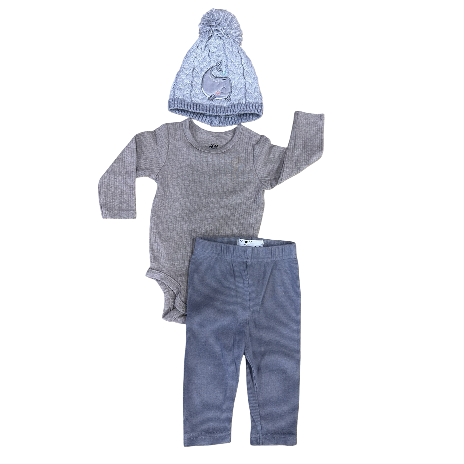 3-6M 3pc Beige Ribbed Long Sleeve Bodysuit & Ribbed Grey Leggings and Whale Beanie - H&M | Mr Price