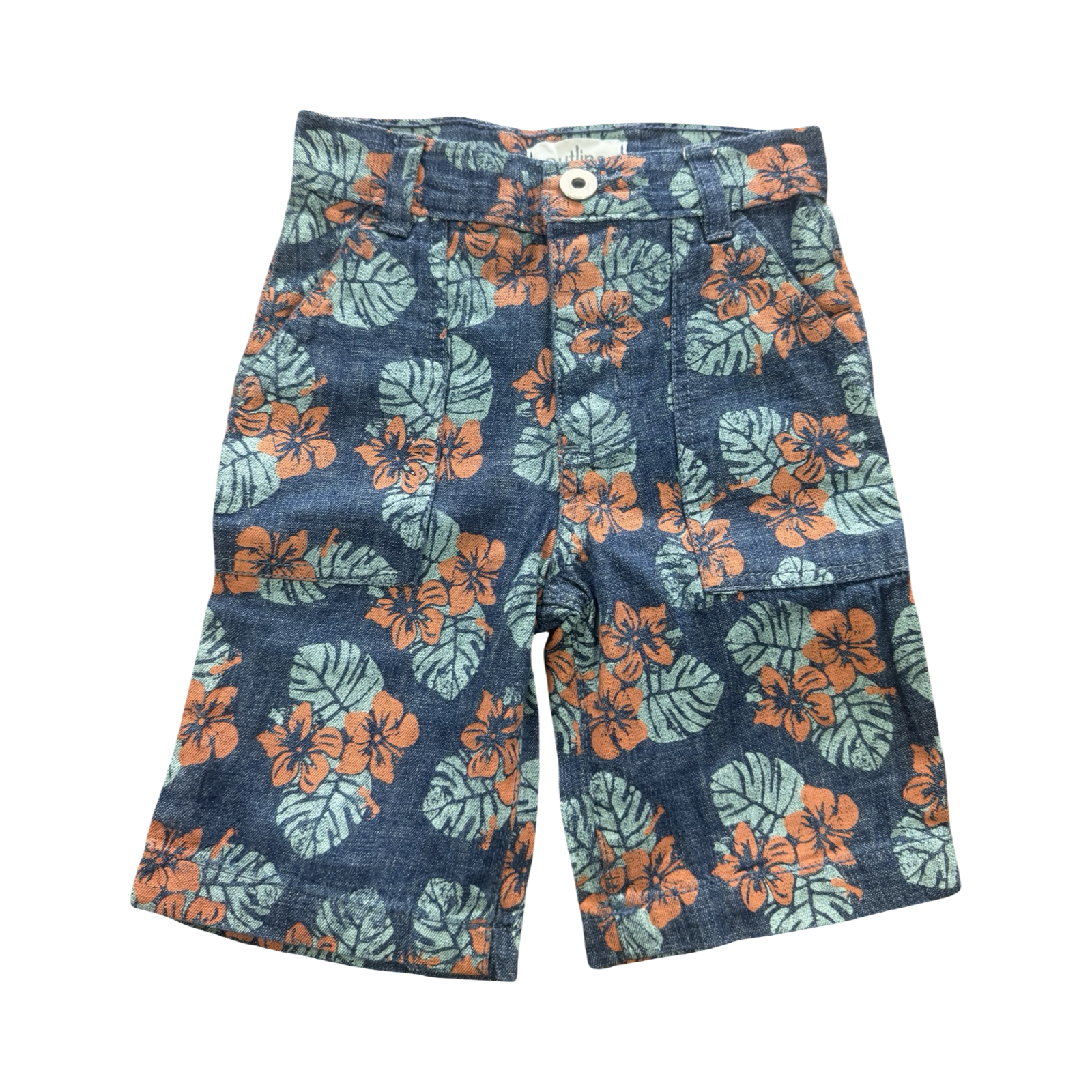 3-4Y Blue & Orange Leaf Design Denim Shorts - Outline
