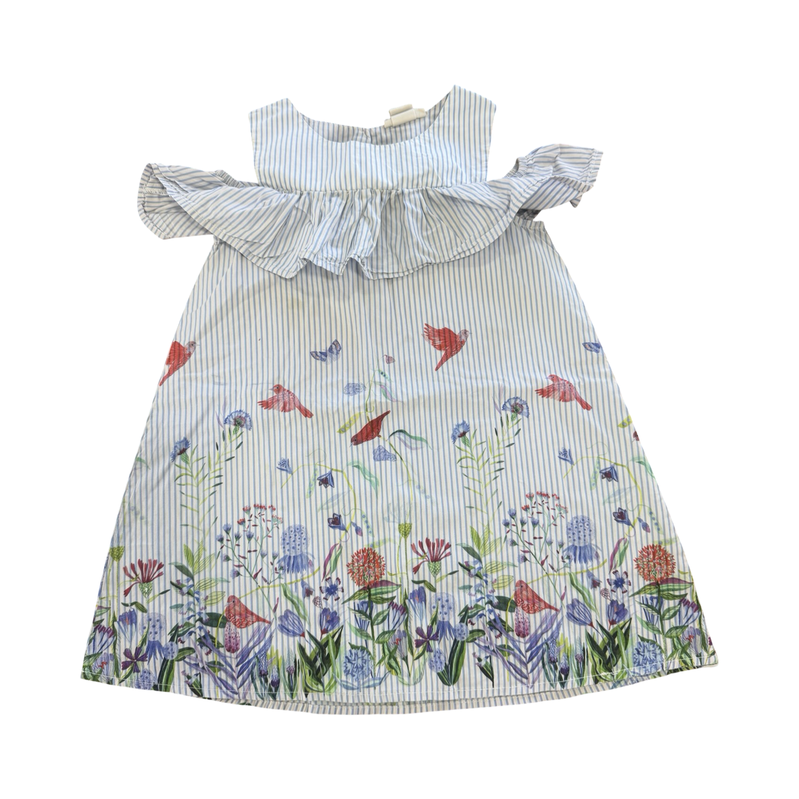 3-4Y Blue & White Stripe Bird Garden Summer Dress with Frills - H & M