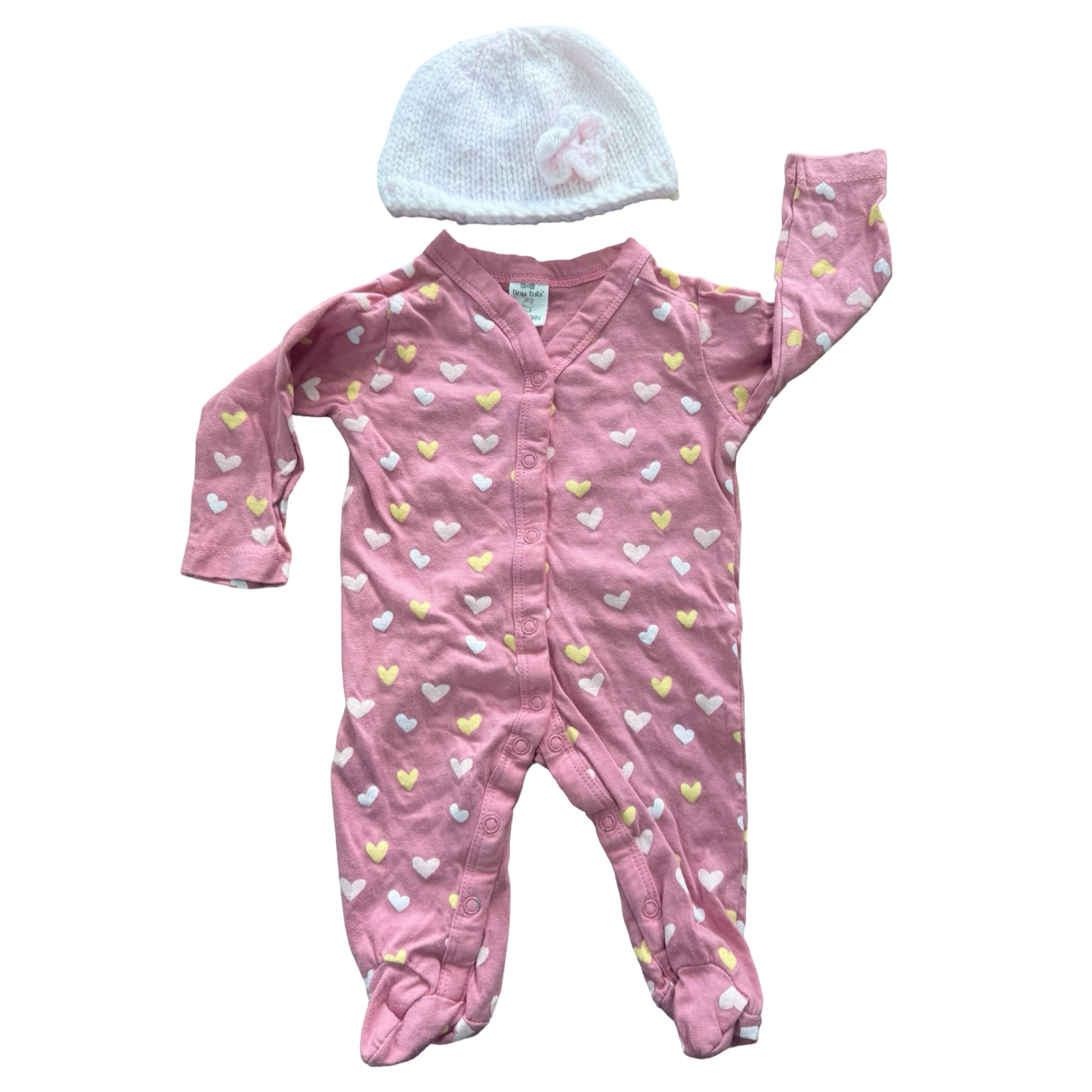 Newborn Pink Hearts Snapper Babygrow with Knitted Beanie - Tiny Tots