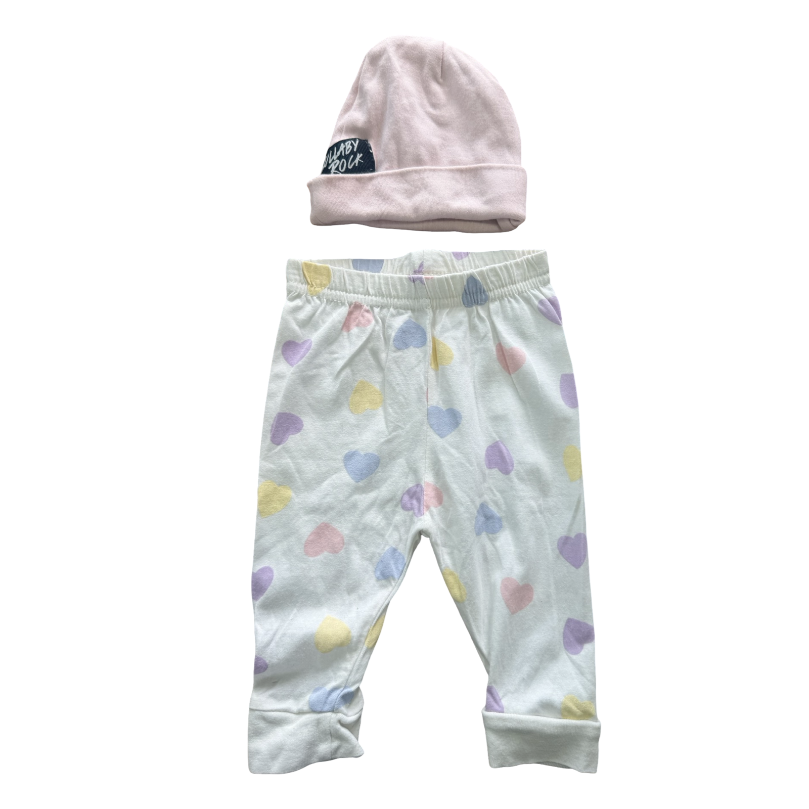 3-6M White Heart Leggings with Pink Beanie - Lullaby Rock / Tiny Tots