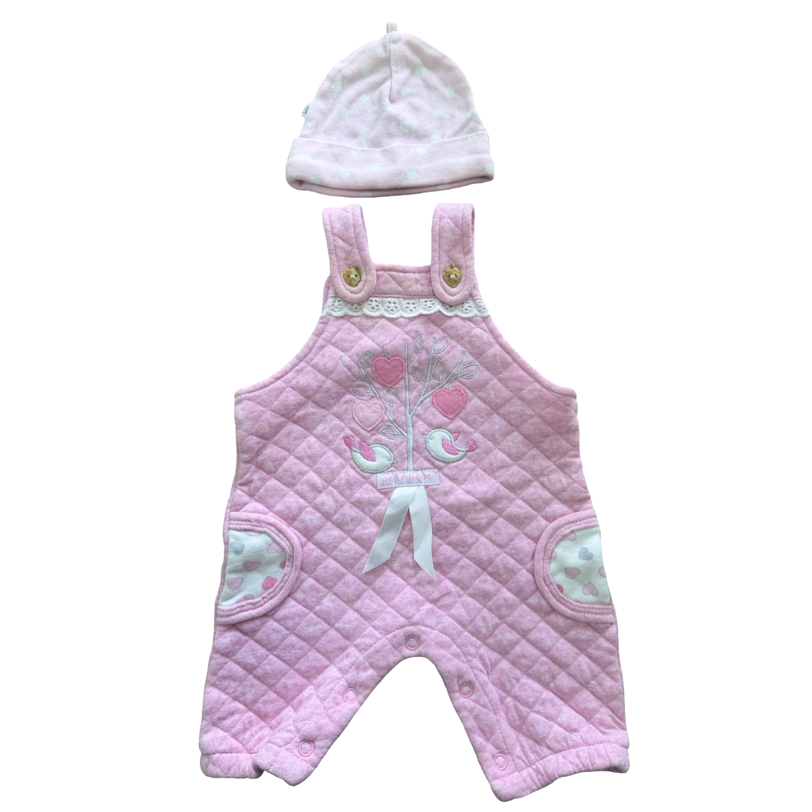 Newborn Super Cute Pink Dungaree with embroidery detail and Polka Dot Beanie - Woolworths