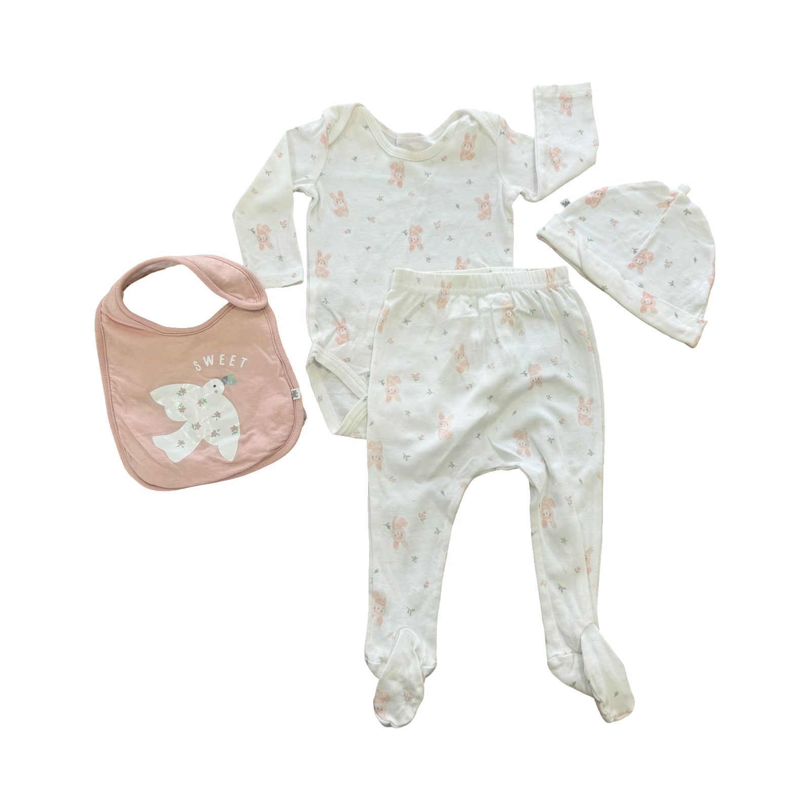 3-6M White Bunny Long Sleeve Bodysuit, Footed Leggings, Bib & Beanie - Woolworths