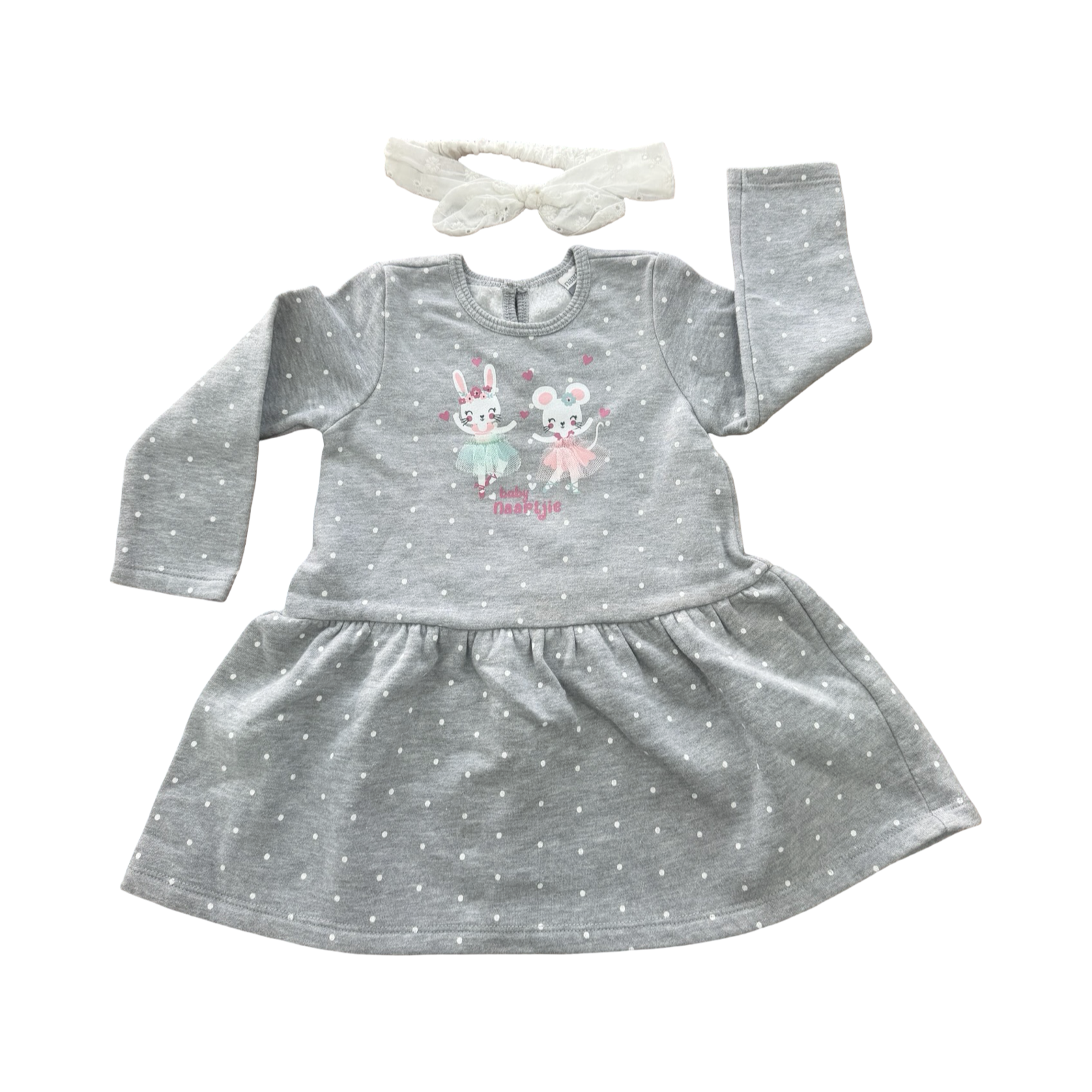 12-18M Grey Polka Dot Fleece Dress with Bunny & Mouse Detail + Headband - Naartjie