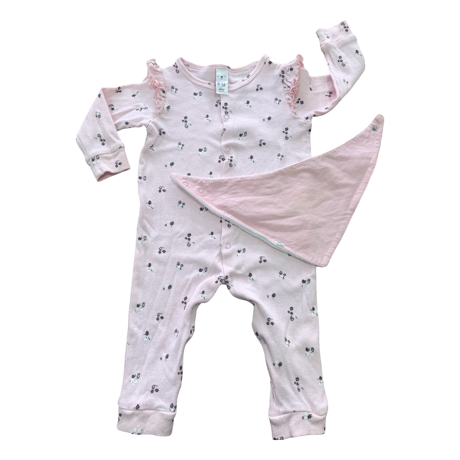 6-12M Pink Floral Ribbed Snapper Babygrow with Bib - Mr Price / Woolworths