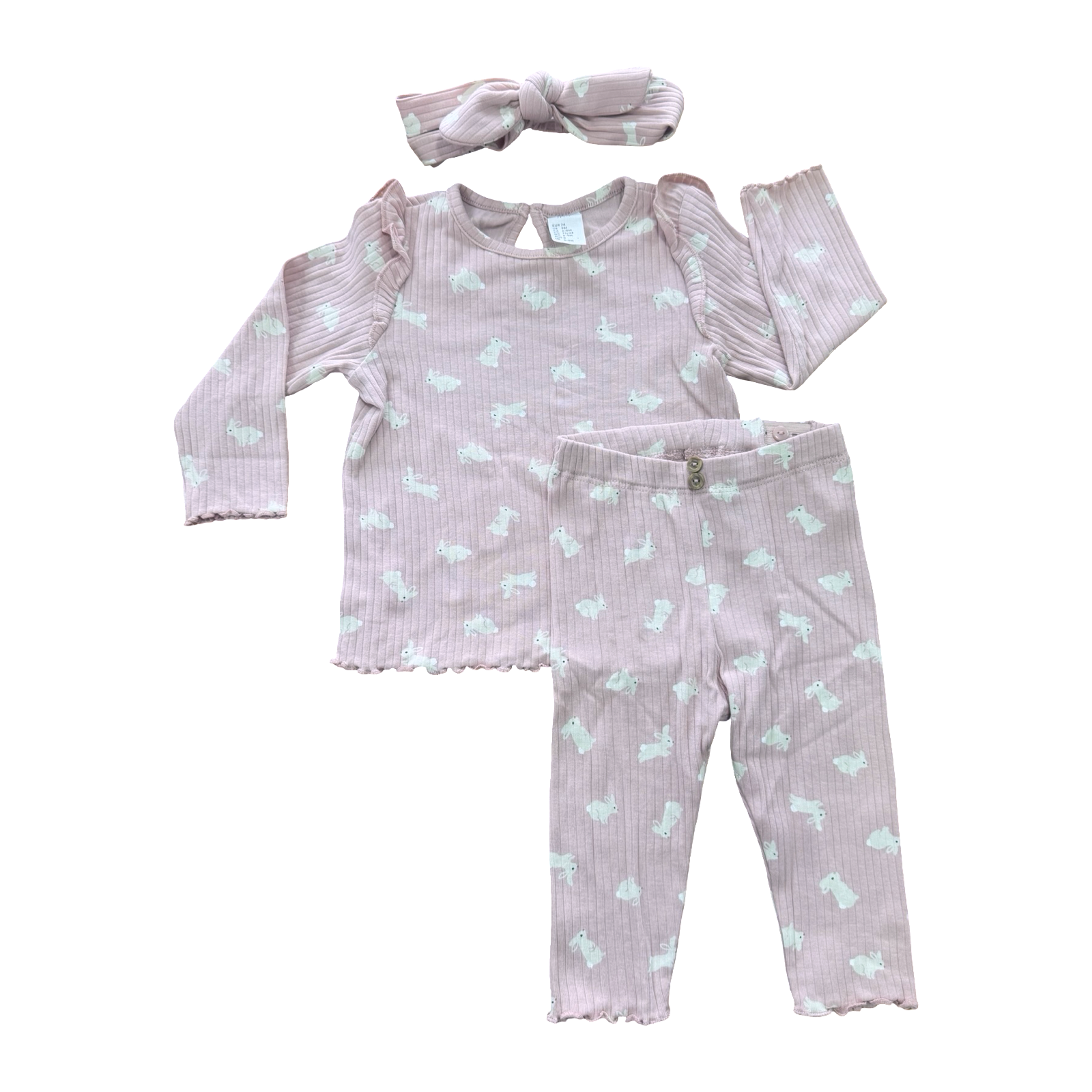 6-9M 3pc Ribbed Bunny Cotton Set with Top, Pants & Headband - H & M