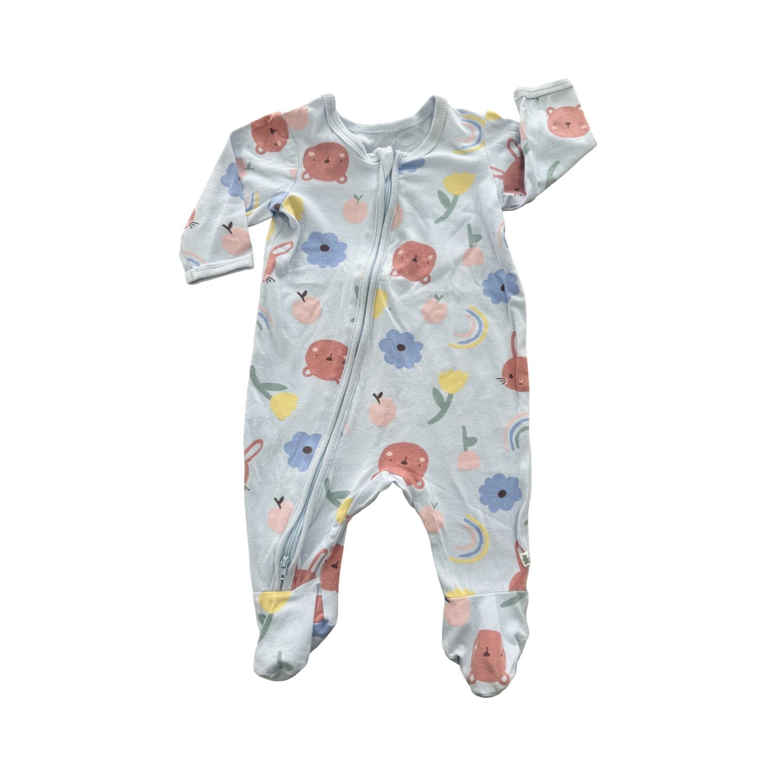 1-3M Blue Bear & Flower Cotton Zipper Onesie - Woolworths