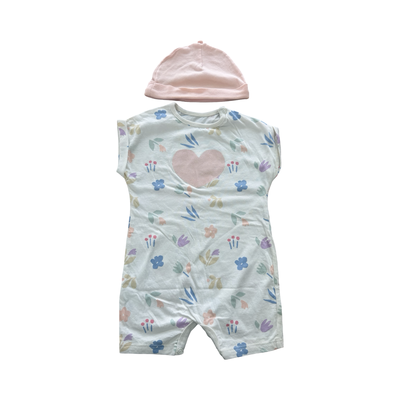 6-12M White Flower & Heart Cotton Romper with Beanie - Woolworths