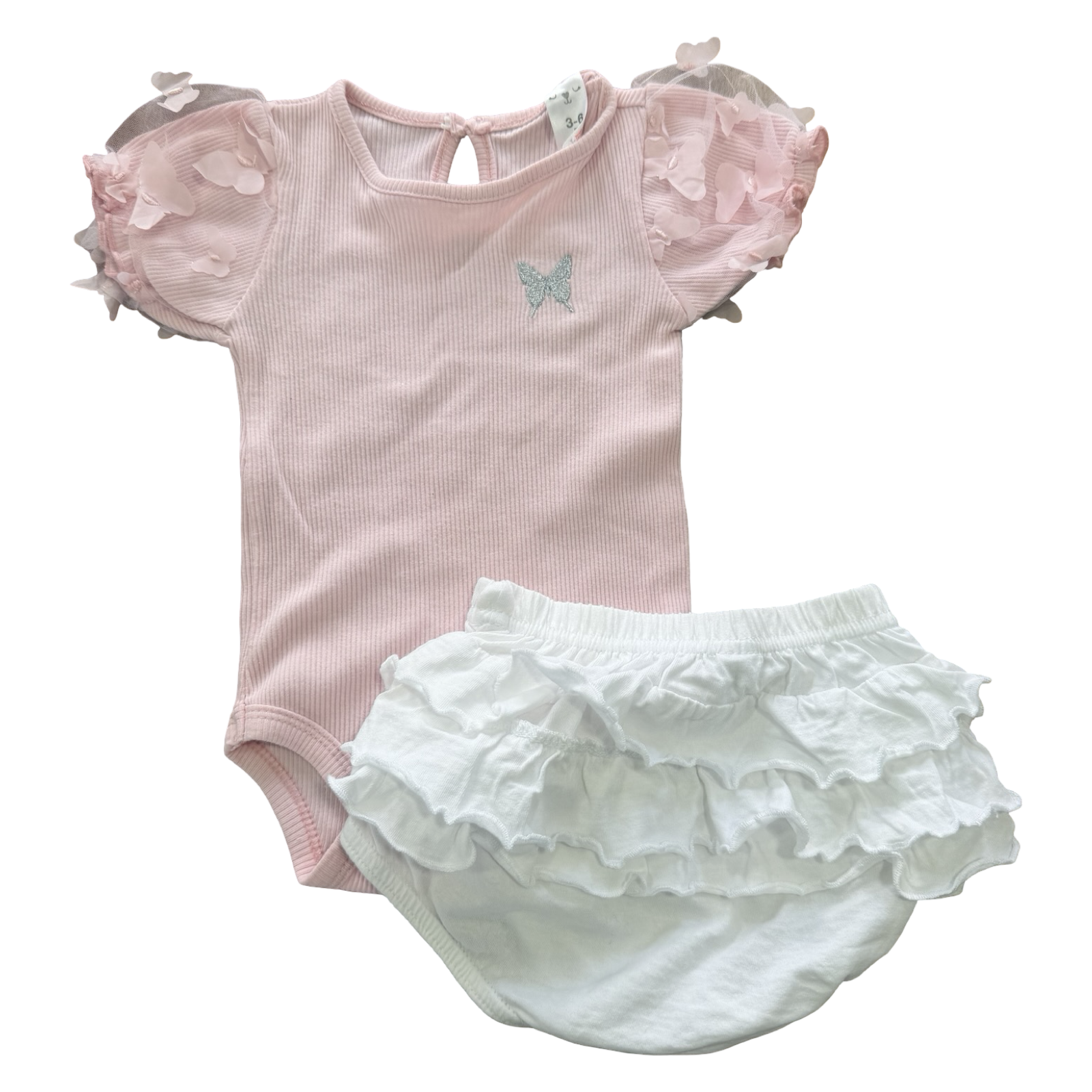 3-6M Pink Ribbed Bodysuit with Butterfly Detail and Bloomer - Mr Price