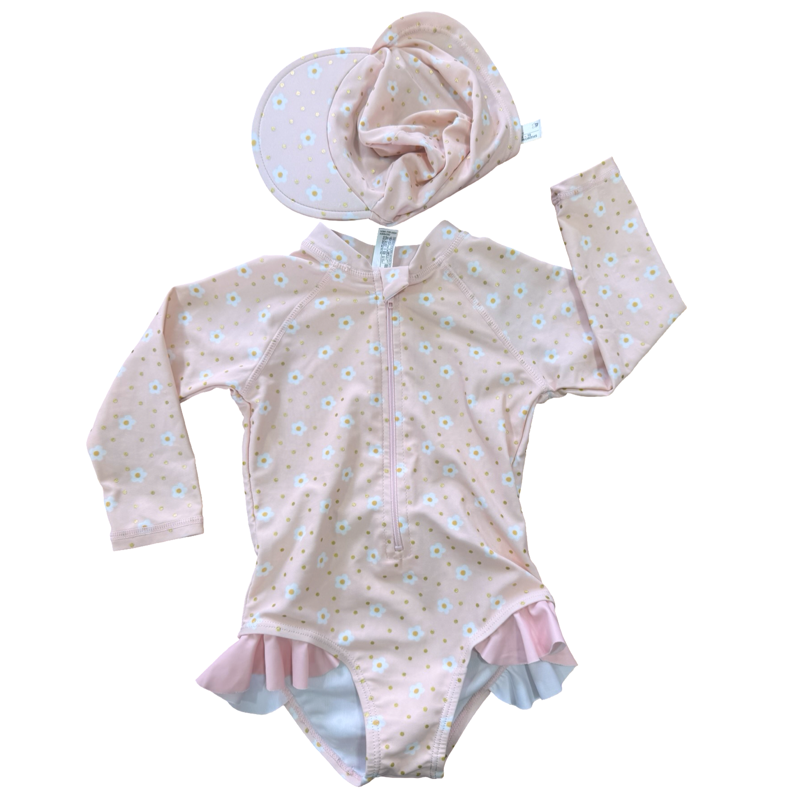 6-12M Pink Daisy Long Sleeve Girls Swimming Costume & Hat - Woolworths