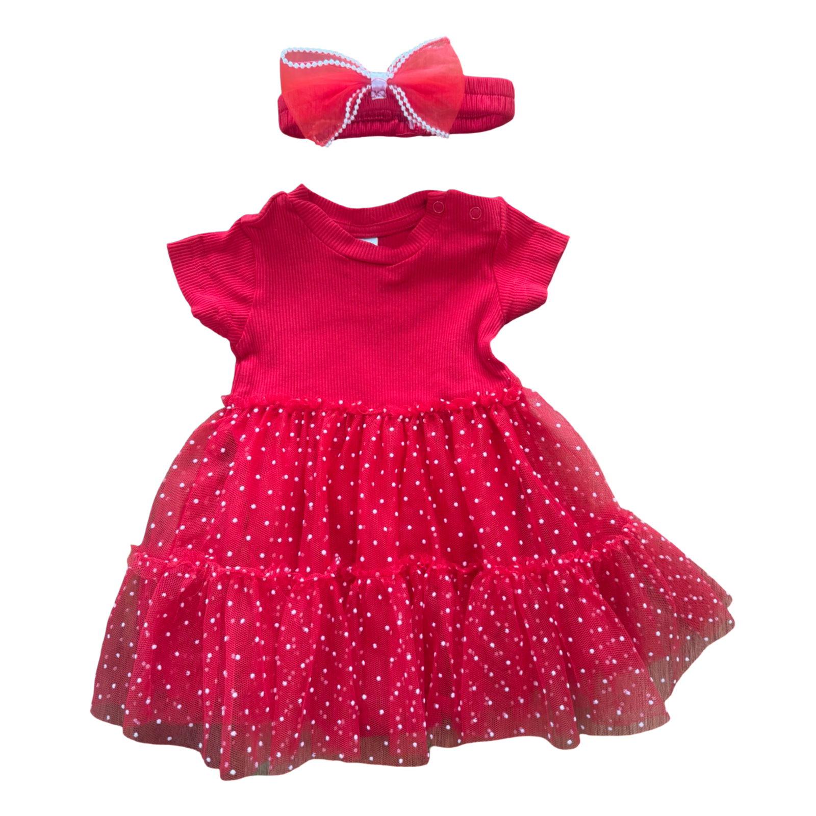 0-3M Red Dress with Polka Dot attached Tulle Skirt & Headband - Mr Price