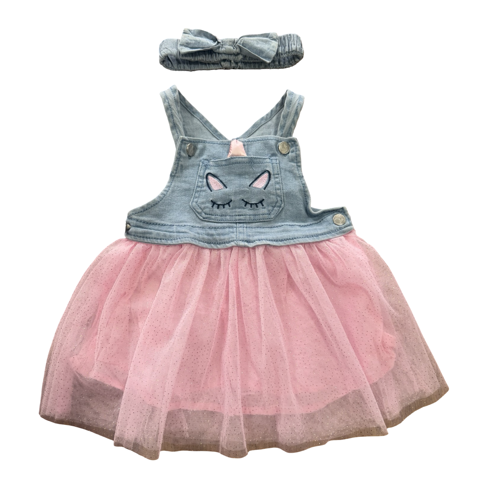 6-2M Denim & Pink Dungaree Style Dress with Tulle Skirt + Headband - Ackermans