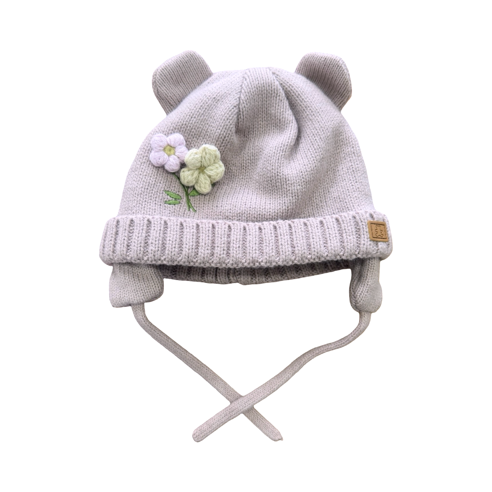 3-6M Mauve Knitted Beanie with Flowers and Ears - Woolworths