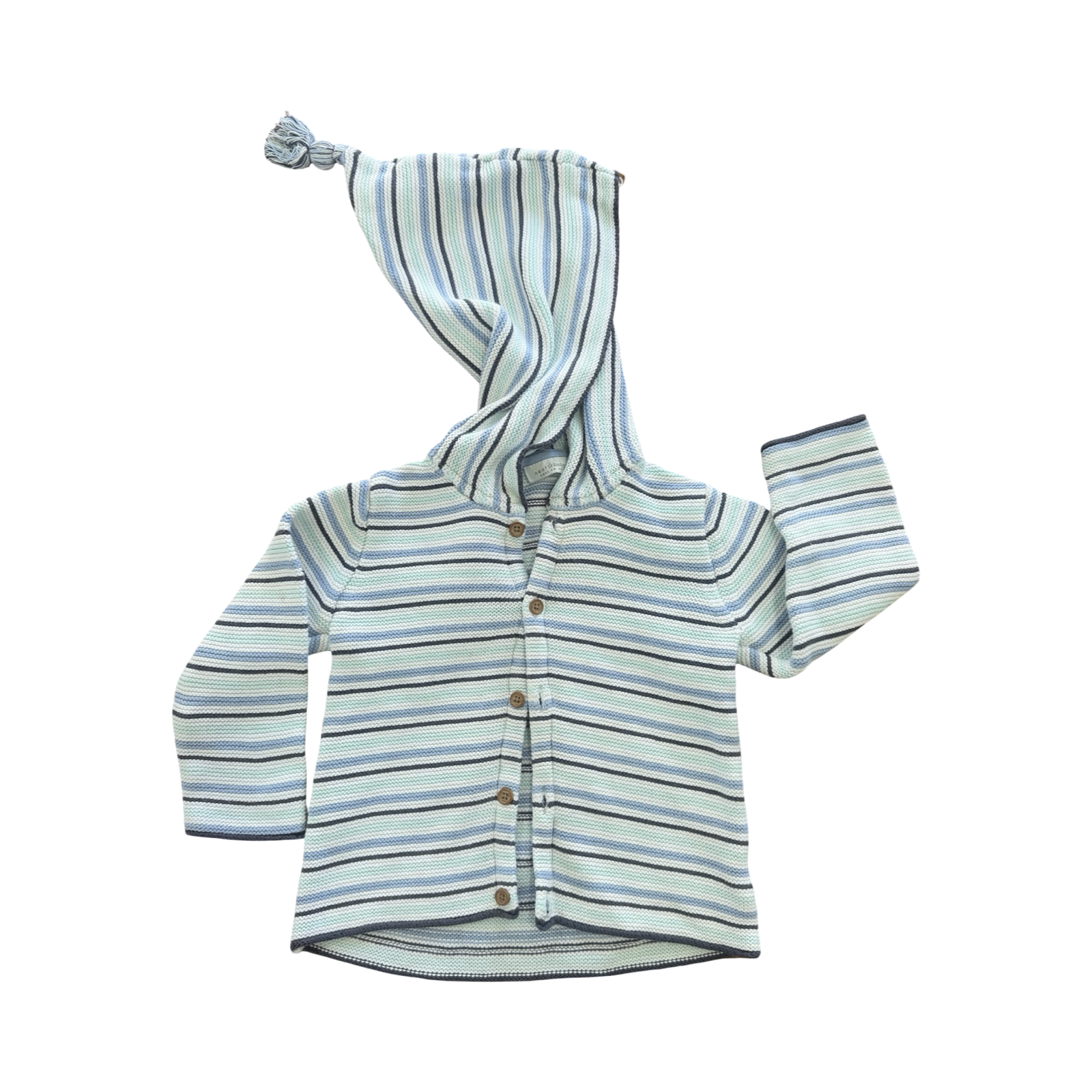 12-18M Blue, Grey & White Knitted Hooded Cardigan - Next