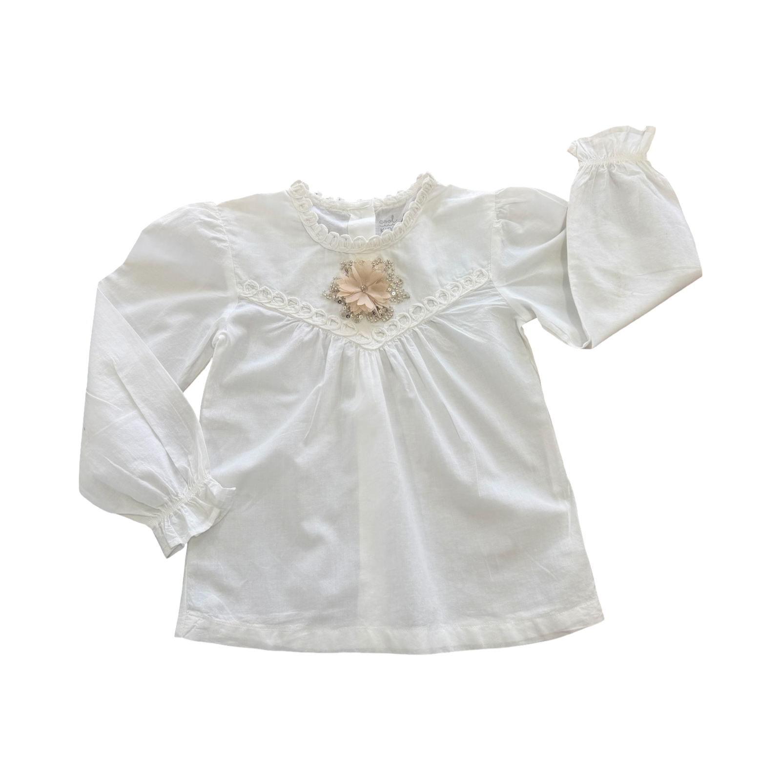 *NEW* 4Y White Cotton Long Sleeve Formal Girls Top with Sequin Flower Detail - Woolworths