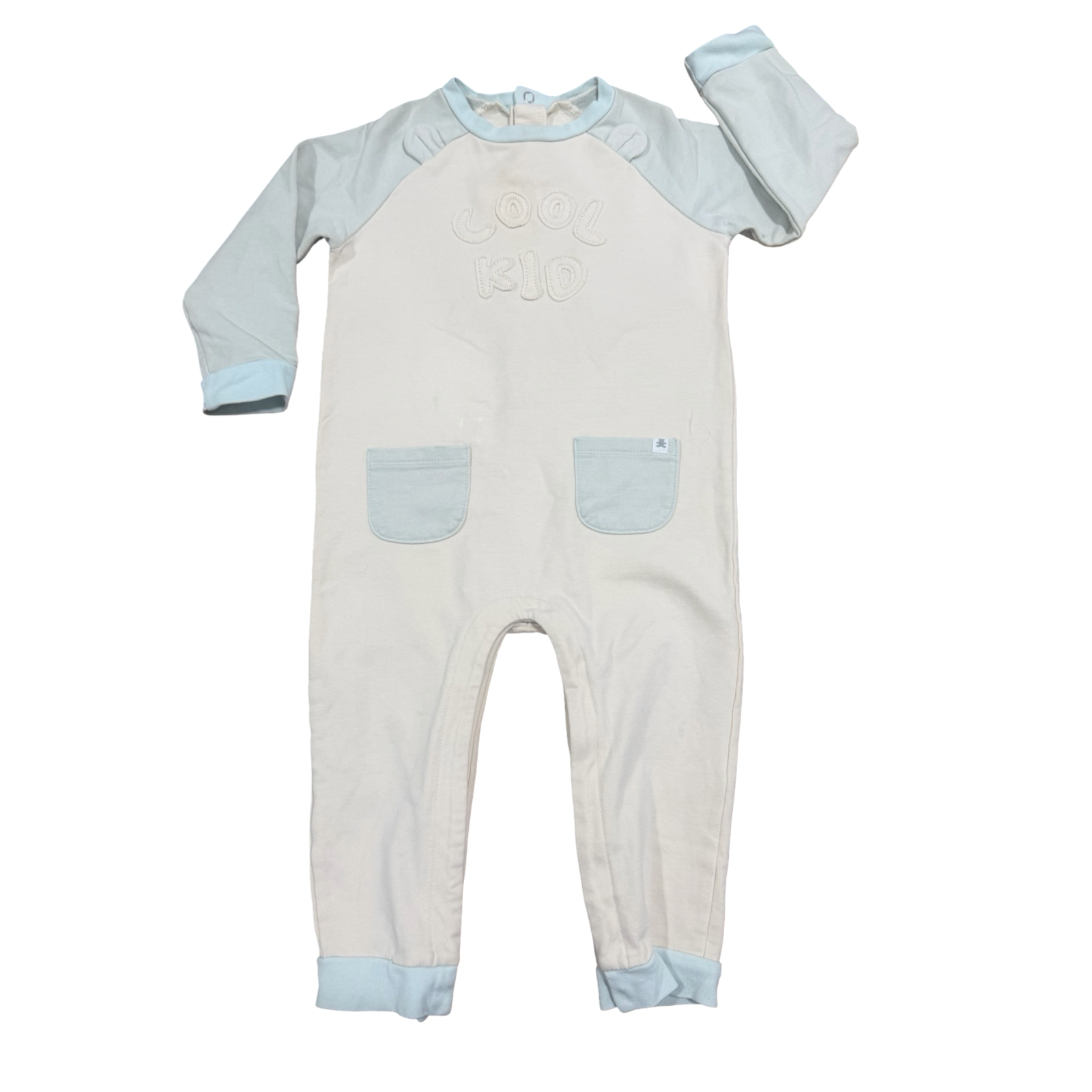 12-18M Cream & Blue Cool Kid Cotton Onesie with Pockets - Woolworths