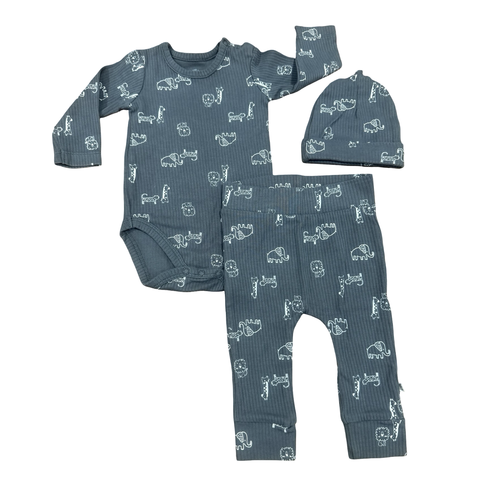 3-6M 3pc Grey Ribbed Zoo Animal Set - Woolworths