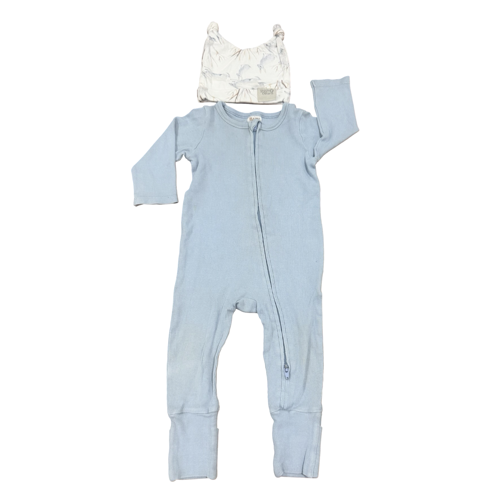 6-12M Light Blue Ribbed Zipper Babygrow & Beanie - Cotton On & Giggle & Beans