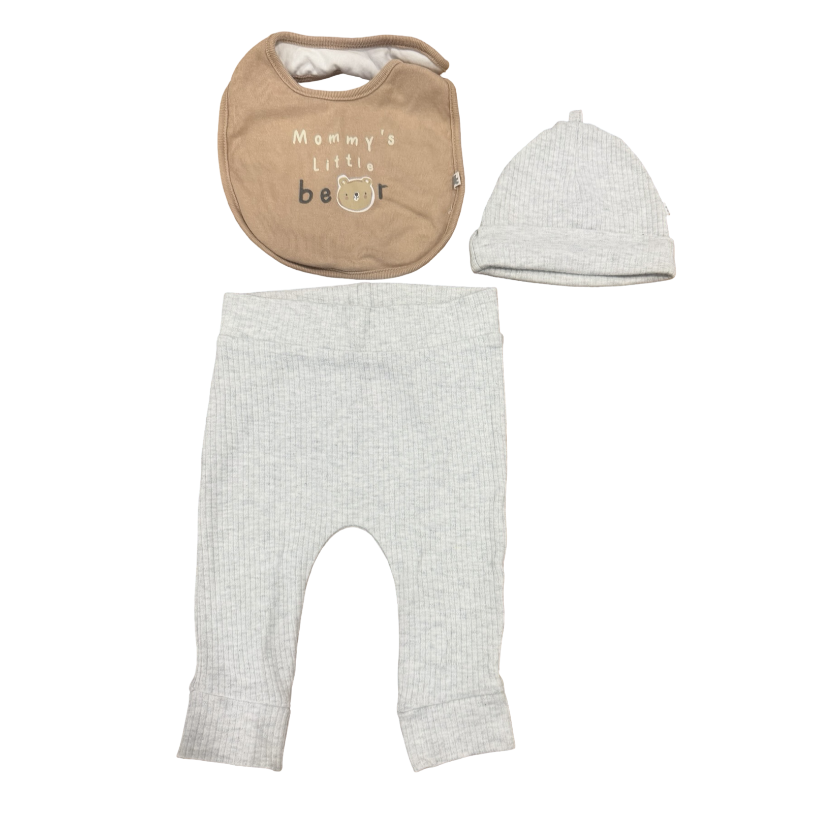 3-6M 3pc Grey Ribbed Set with Beanie, Pants & Bib - Woolworths