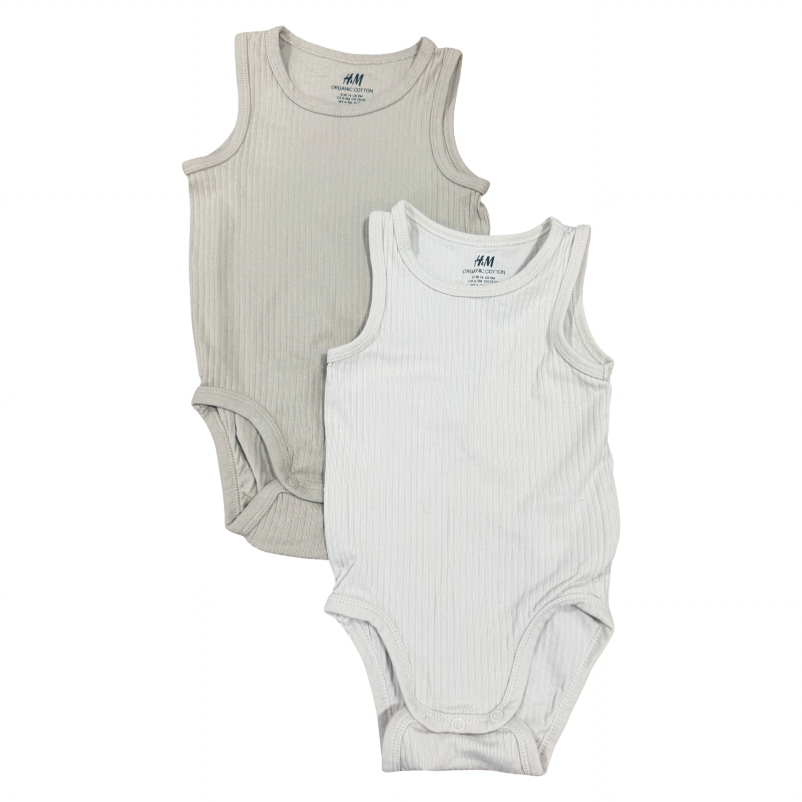 6-9M 2pc Beige & Cream Ribbed Cotton Sleeveless Bodysuits - H & M