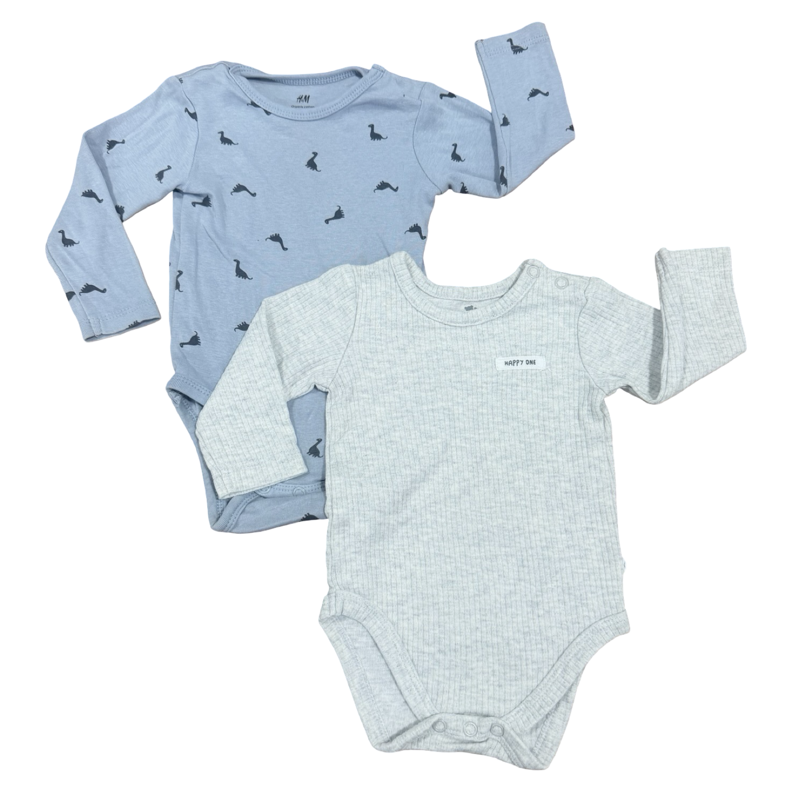 3-6M 2pc Blue Dino & Grey Long Sleeve Bodysuits - H& M / Woolworths