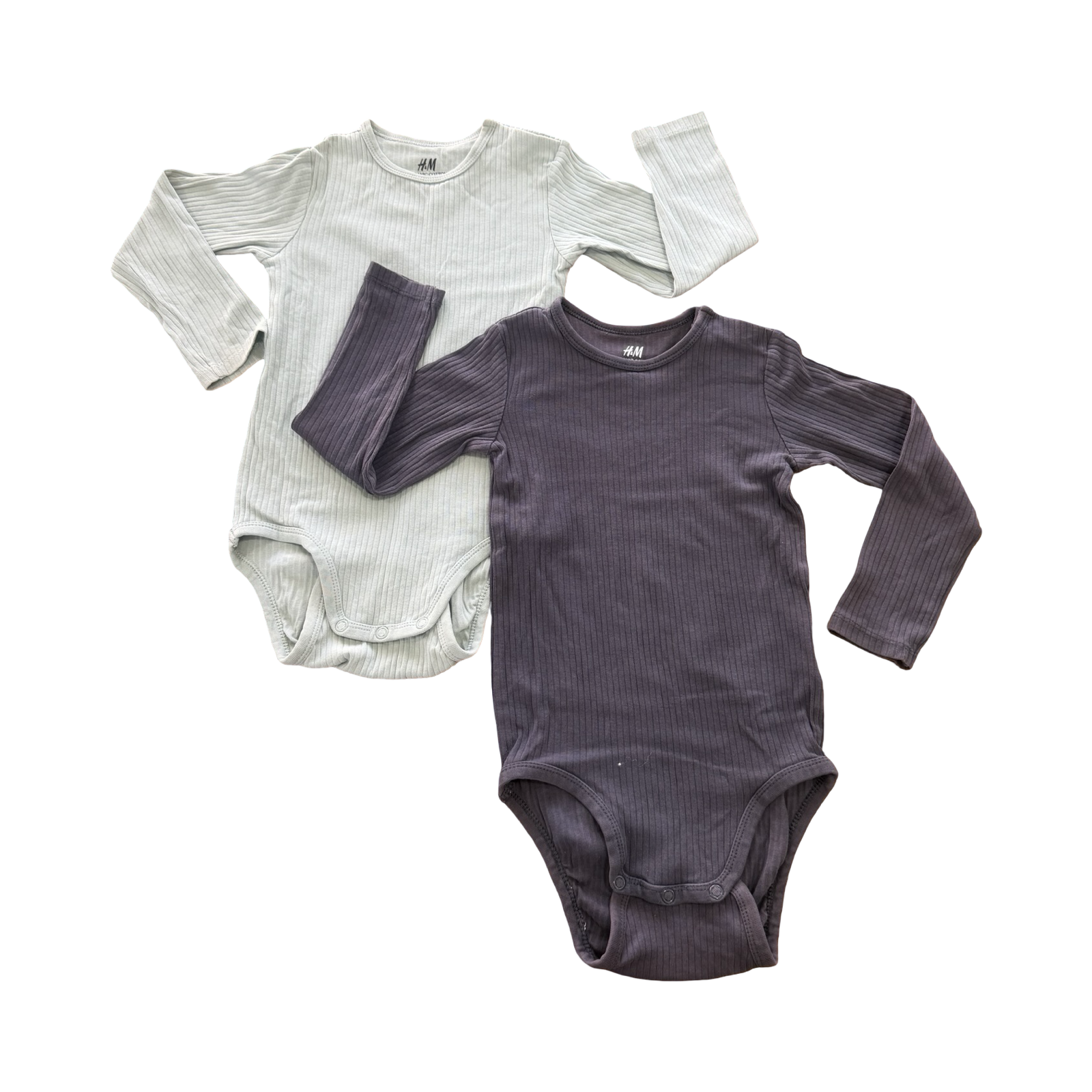 18-24M 2pc Ribbed Grey & Green Long Sleeve Bodysuits - H & M