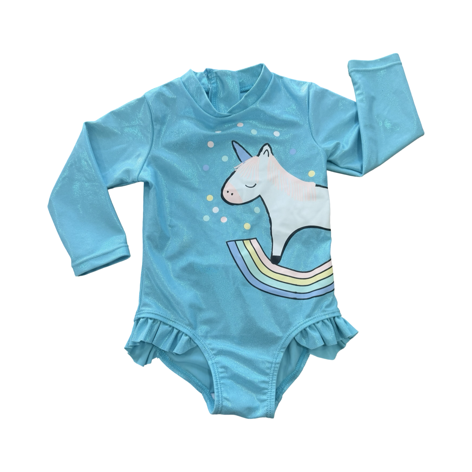 6-12M Blue Unicorn Long Sleeve Girls Swimming Costume - Woolworths