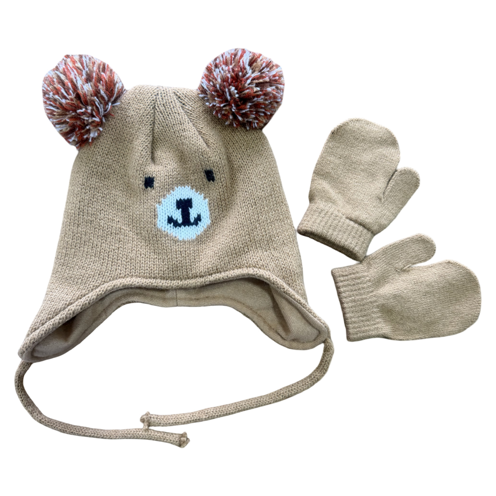 6-12M Knitted Bear Beanie with Pom Pom Ears and Mittens - Ackermans