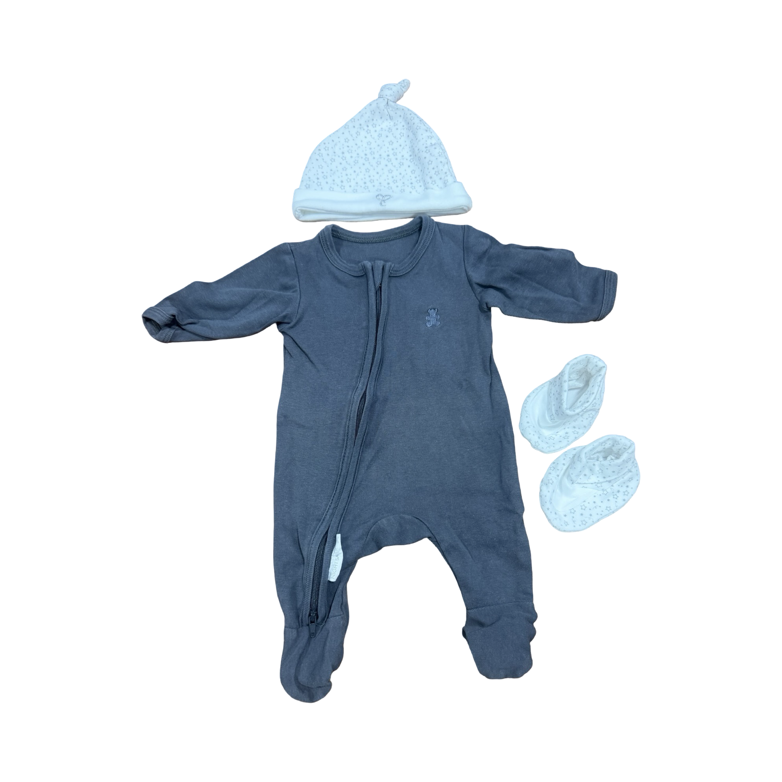 Newborn Grey Cotton Zipper Babygrow with Beanie & Booties - Woolworths / Mother's choice