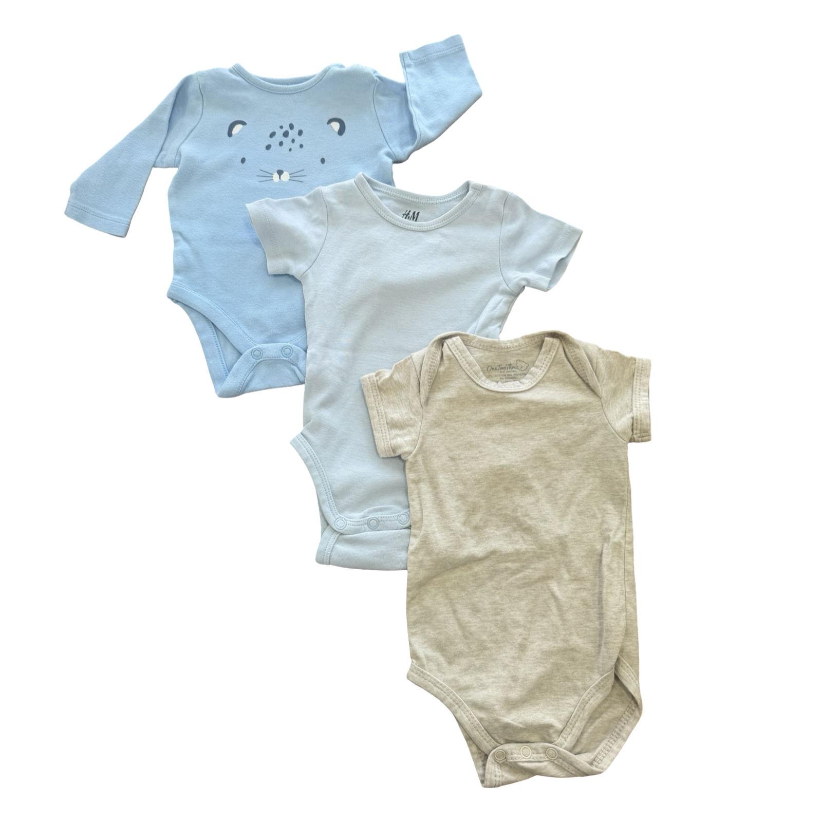 0-3M 3pc Beige Melange & Blue Bodysuit Set