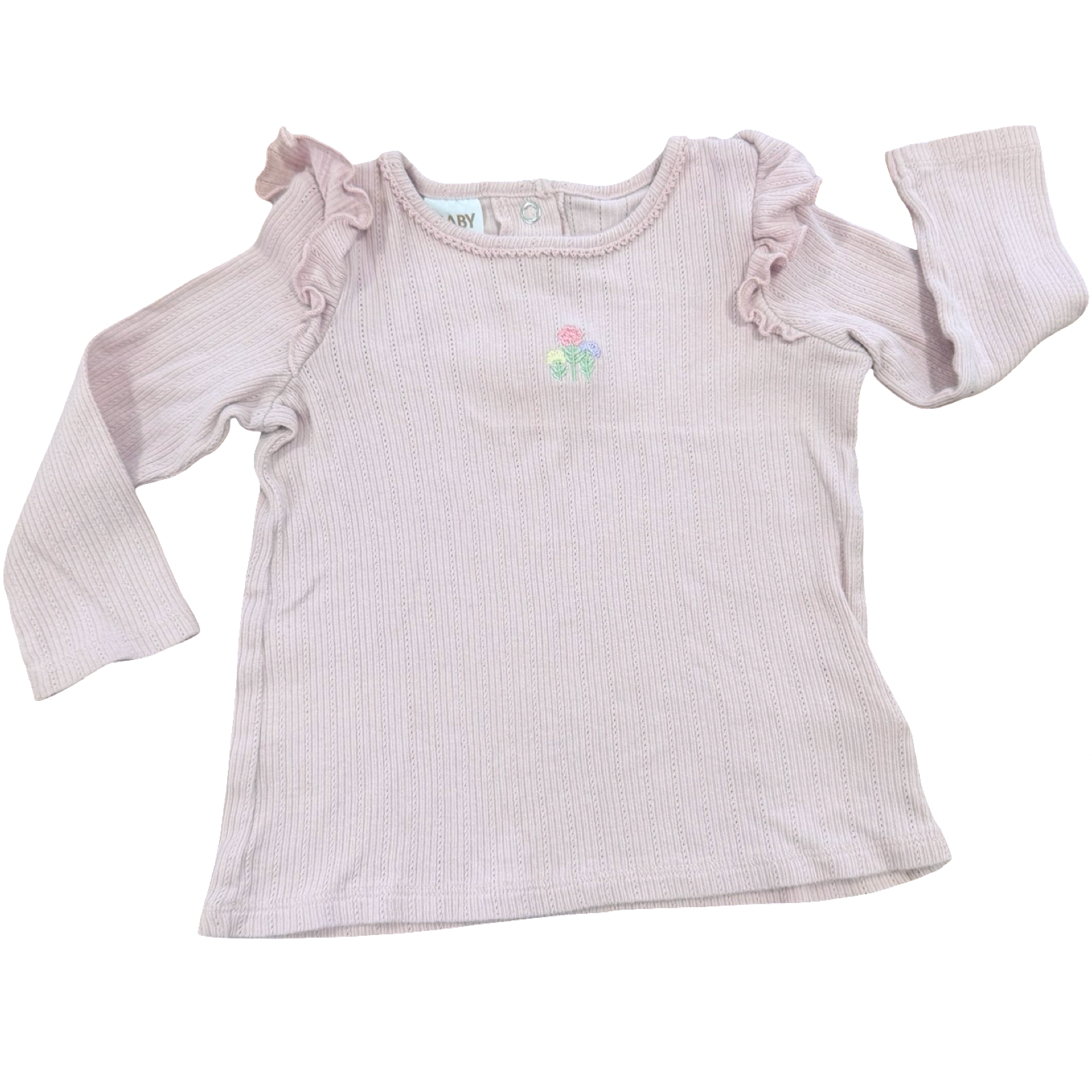 12-18M Pink Cotton Long Sleeve Top with Floral Embroidery - Cotton On