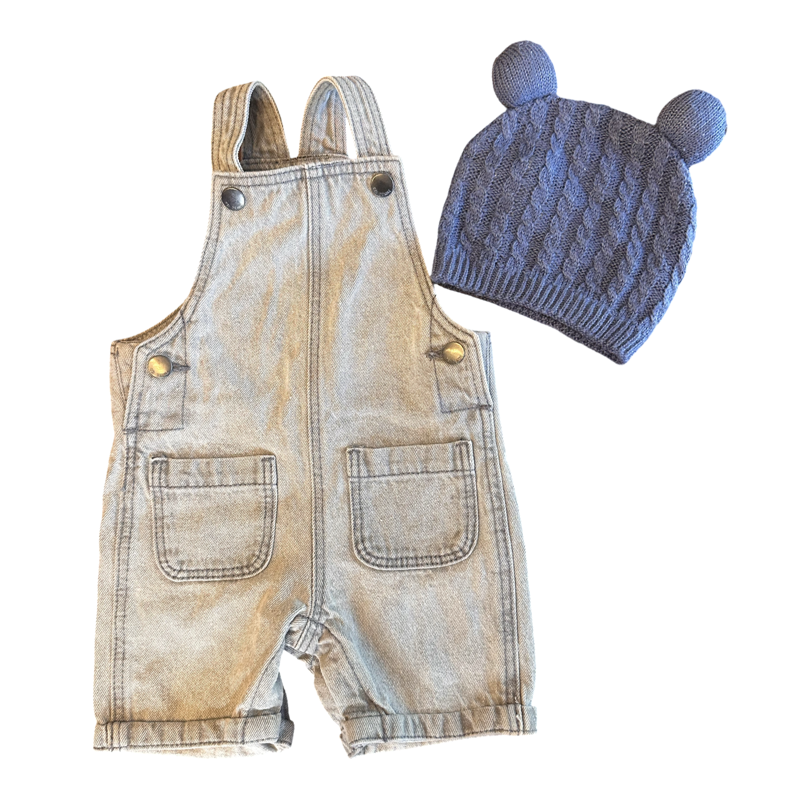 3-6M Grey Denim Dungaree & Beanie - Woolworths