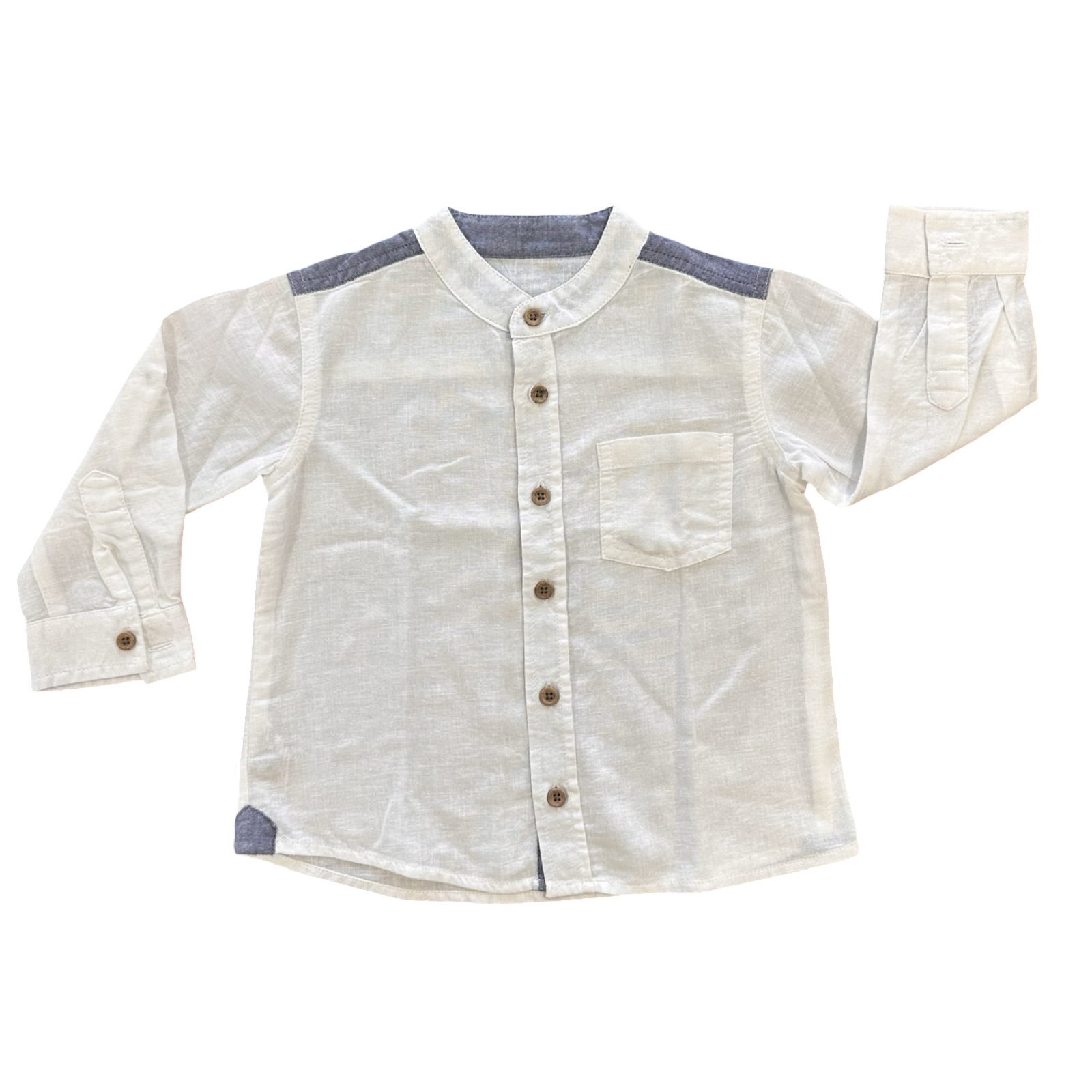 18-24M White and Blue Mandarin Collar Buttoned Shirt - Woolworths