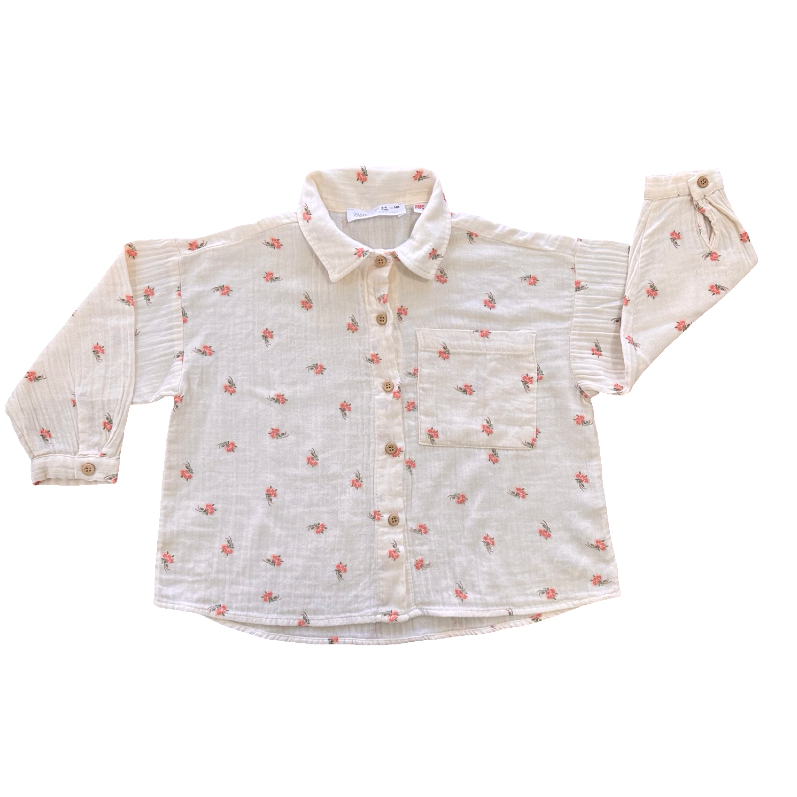 3-4Y Cream & Floral Muslin Classic Buttoned Shirt - Zara