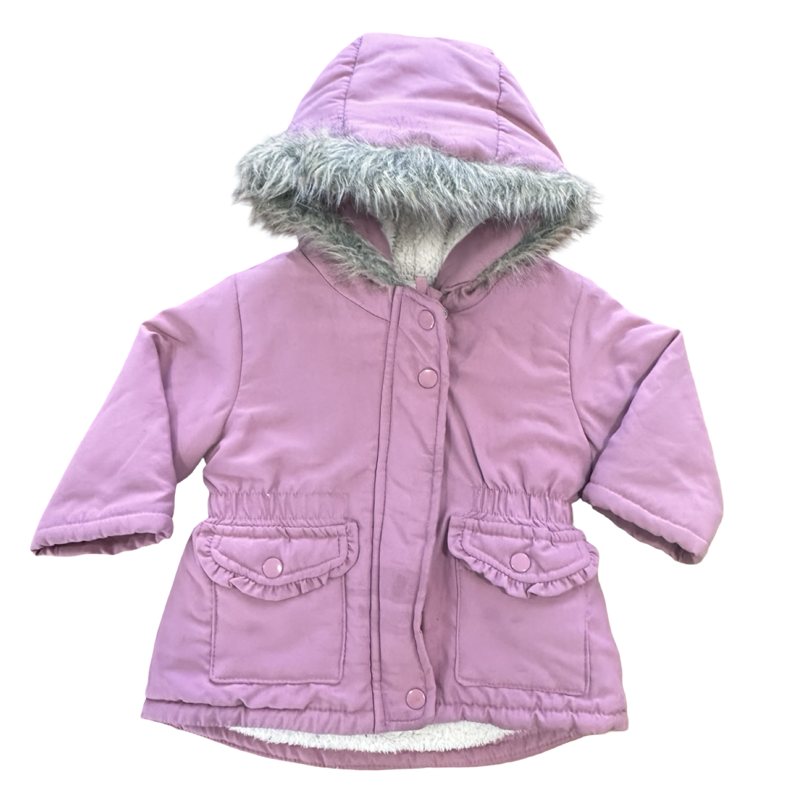 12-18M Pink Fleece Lined Puffer Jacket with Fur Hood - Ackermans