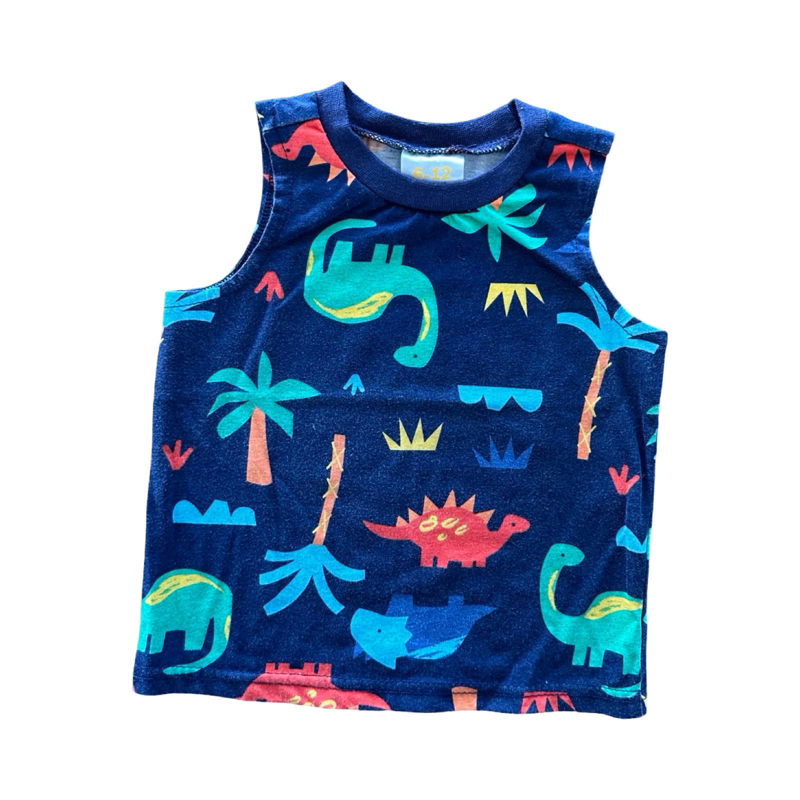 6-12M Navy Dinosaur Sleeveless T-Shirt - Cuddlesome