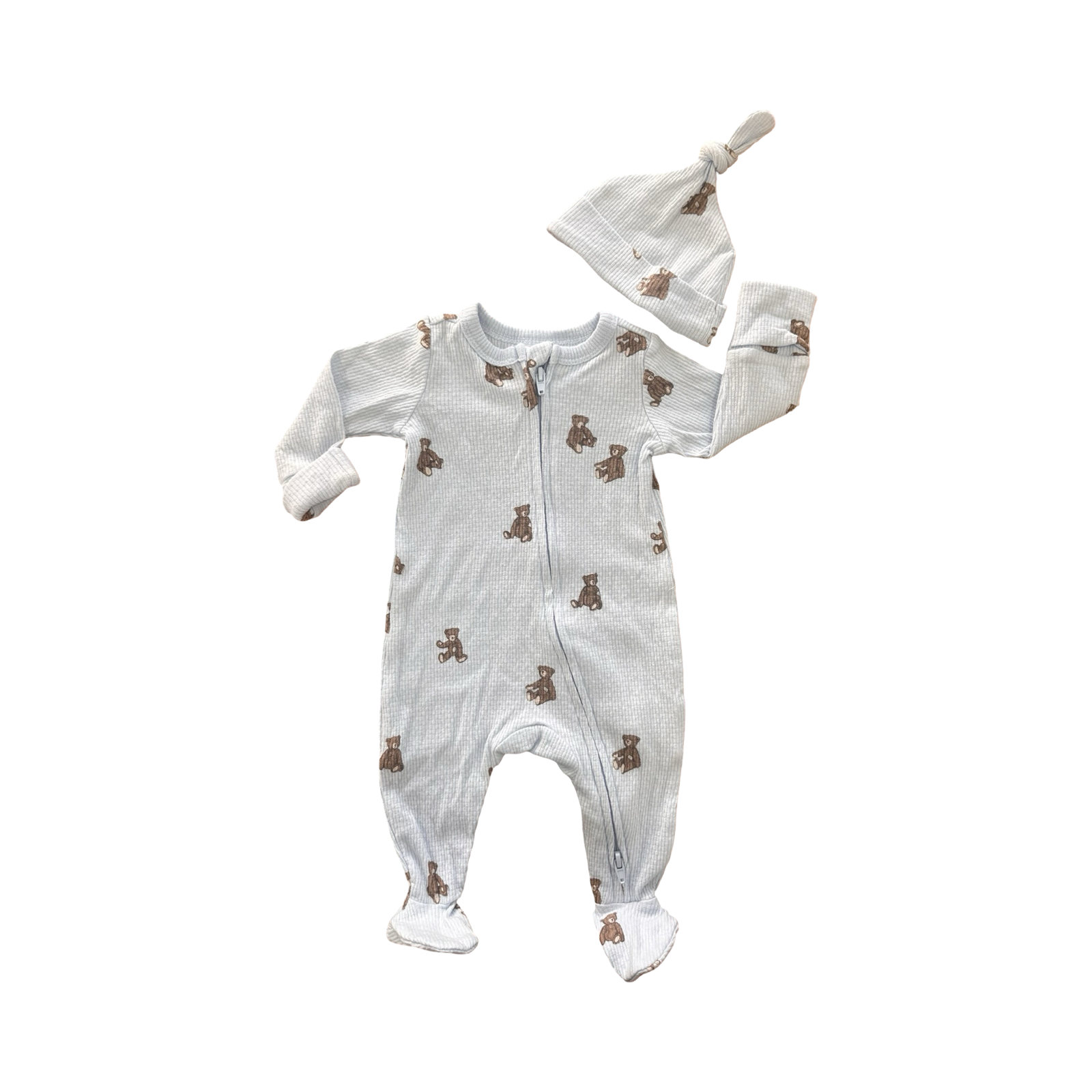 Newborn Blue Waffle Style Stretch Bear Babygrow & Beanie - Cotton on