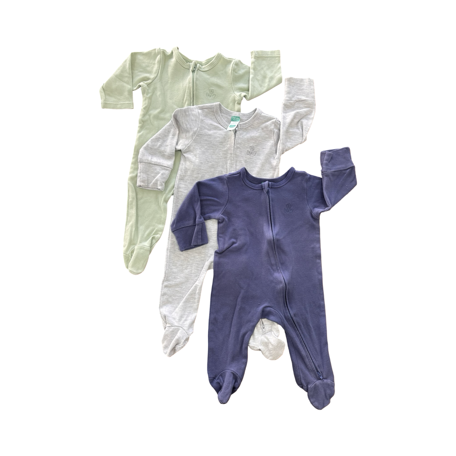 3-6M 3pc Green, Grey & Blue Zip Babygrows - Ackermans